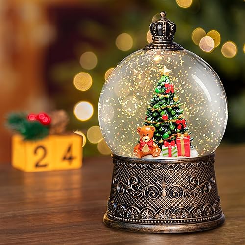 Miniatura 8 de Linterna de globos de nieve de Navidad con música, globos de nieve de árbol de Navidad con efectos de purpurina de remolino de agua, alimentado por