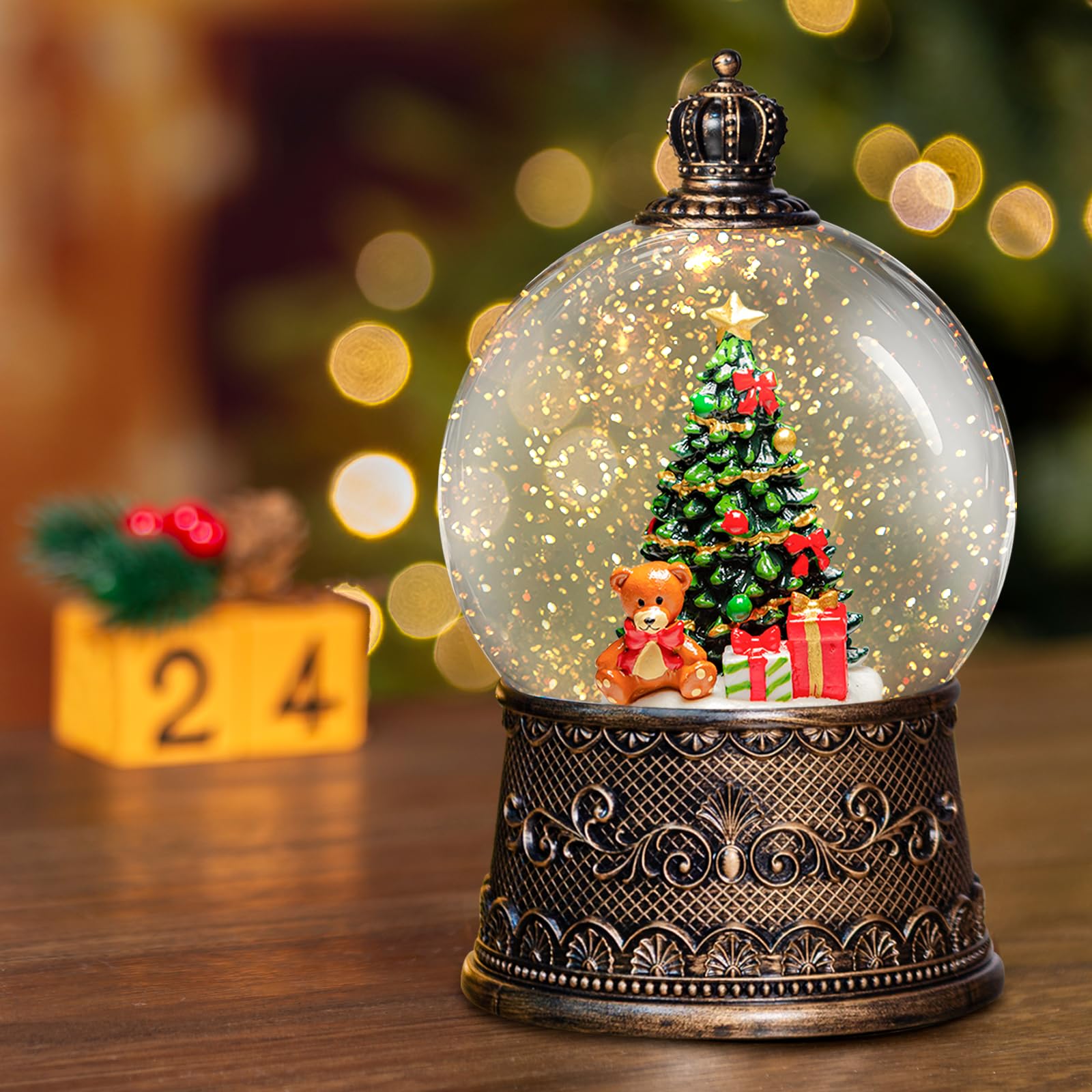 Linterna de globos de nieve de Navidad con música, globos de nieve de árbol de Navidad con efectos de purpurina de remolino de agua, alimentado por USB/batería con temporizador de 6 horas