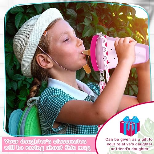 Miniatura 6 de Patelai 8 botellas de agua bonitas con pajita, tazas de helado de sandía kawaii, a prueba de fugas, con correa ajustable para el hombro, para