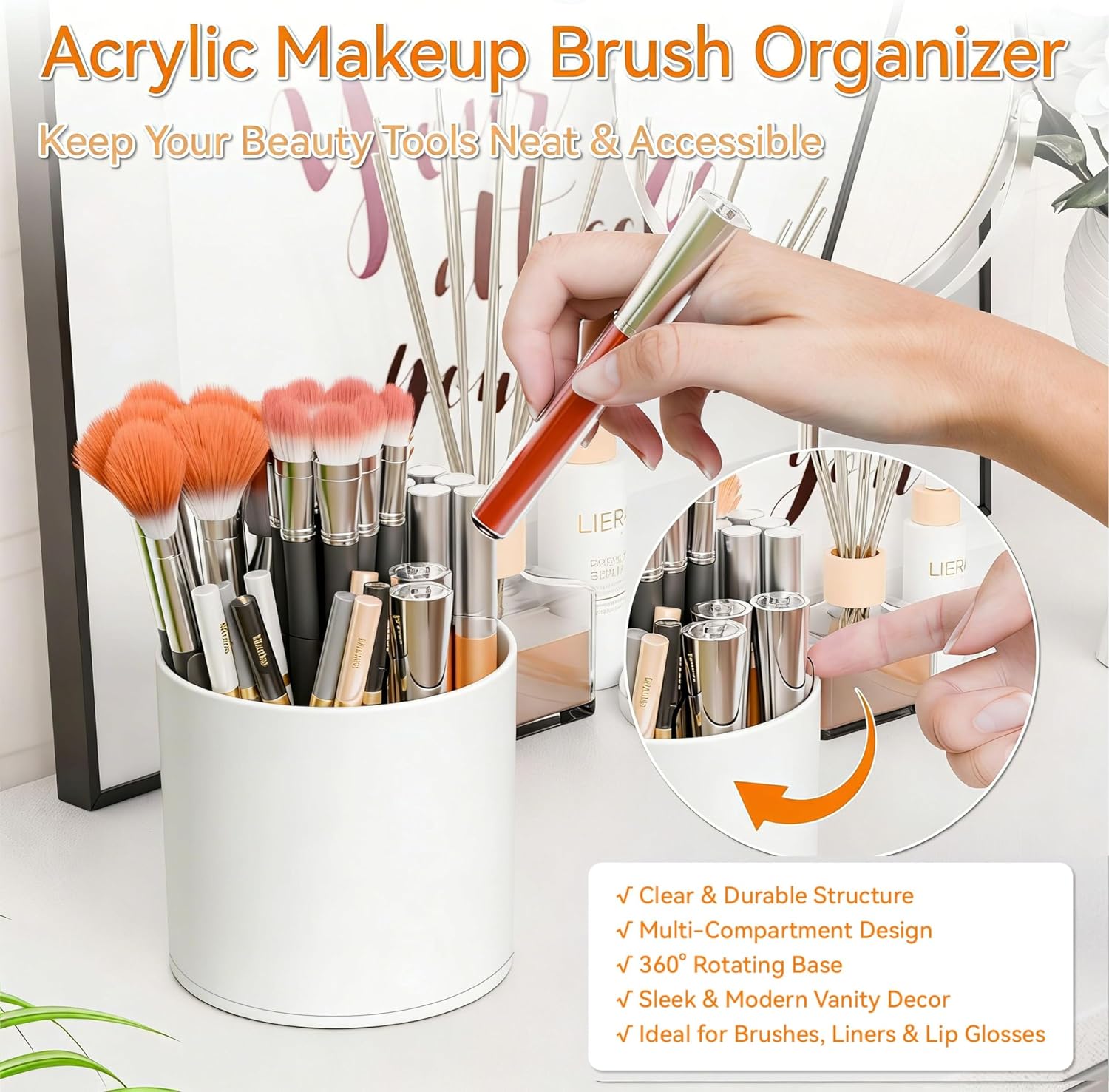 Yieach Rotating Acrylic Makeup Brush Holder for Vanity,Bathroom Countertop,Round Makeup Brushes Organizer,Spinning Cosmetic Brushes Holder,Make up Brush Storage and Office Desk Pen or Pencil Cup,White