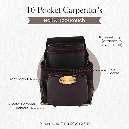 Miniatura 3 de Style n Craft Bolsa de herramientas y uñas de carpintero de 10 bolsillos, bolsa de herramientas de cuero resistente, perfecta y duradera, bolsa de