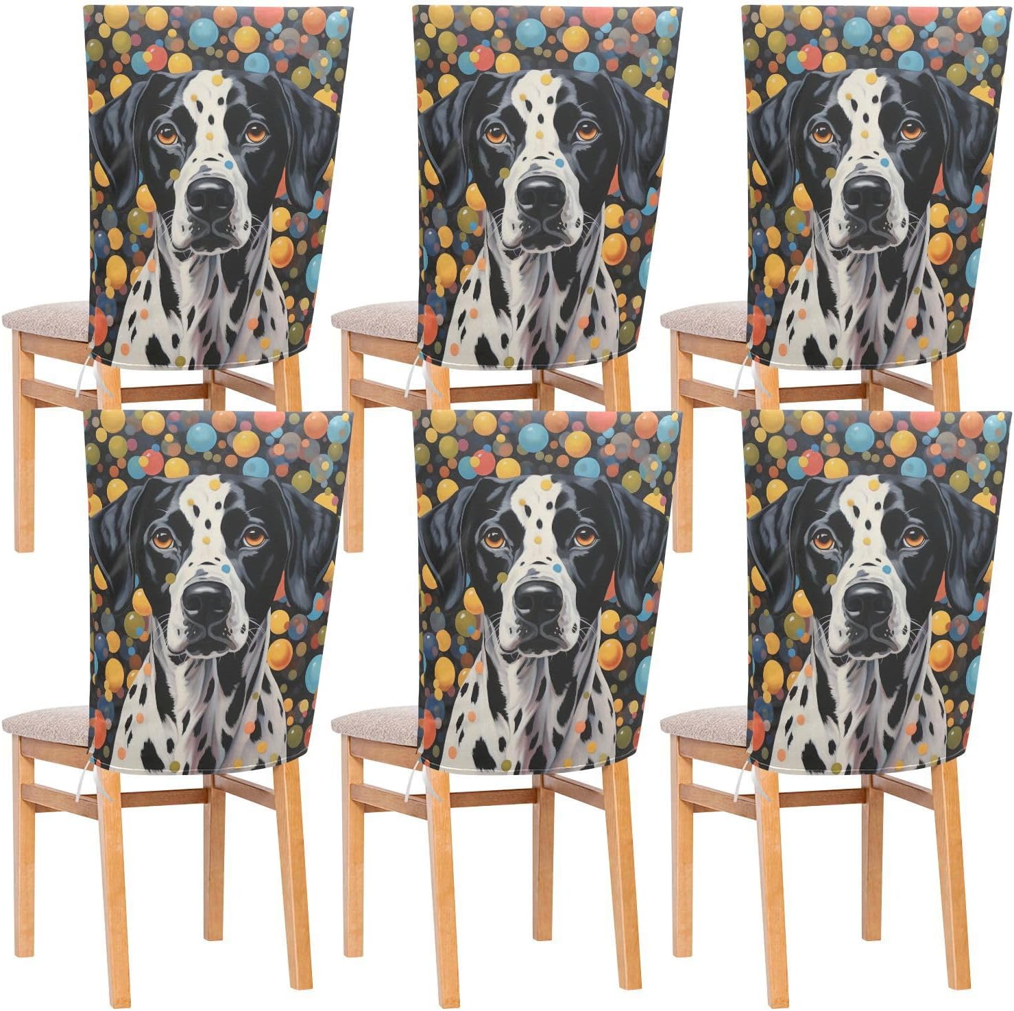 ALAZA Dog and Colorful Dots Chair Back Cover Set of 6, Washable Reusable Removable Chair Slipcovers Decorative Chair Cover for Home Kitchen Wedding Party
