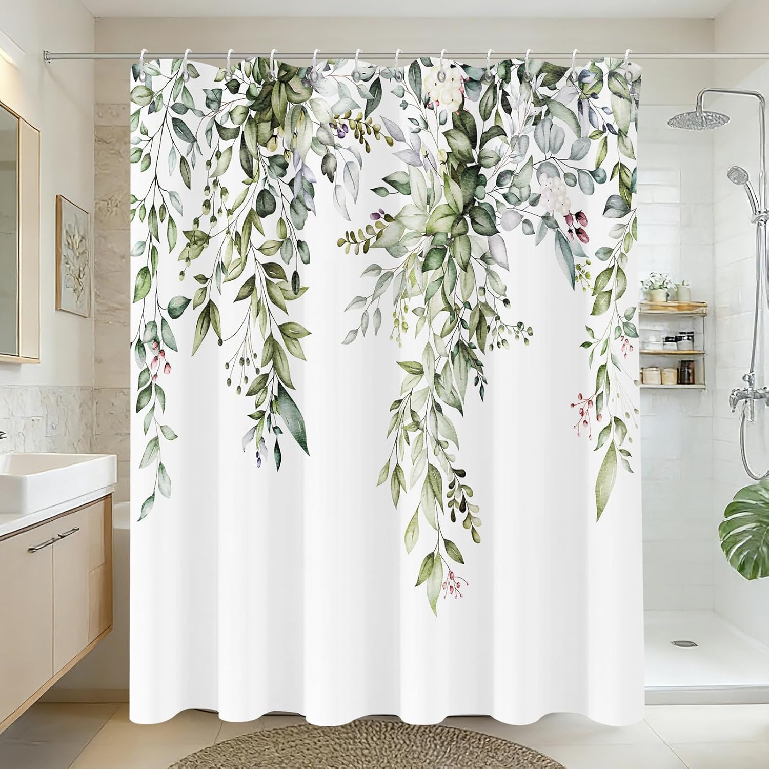 Long Shower Curtain Green Eucalyptus Shower Curtains for Bathroom-Peak Green Leaf Cloth Shower Curtain Sets-Watercolor Sage Green Plants Leaves Floral Bathroom Bathtub Curtains 72"x78" with Hooks