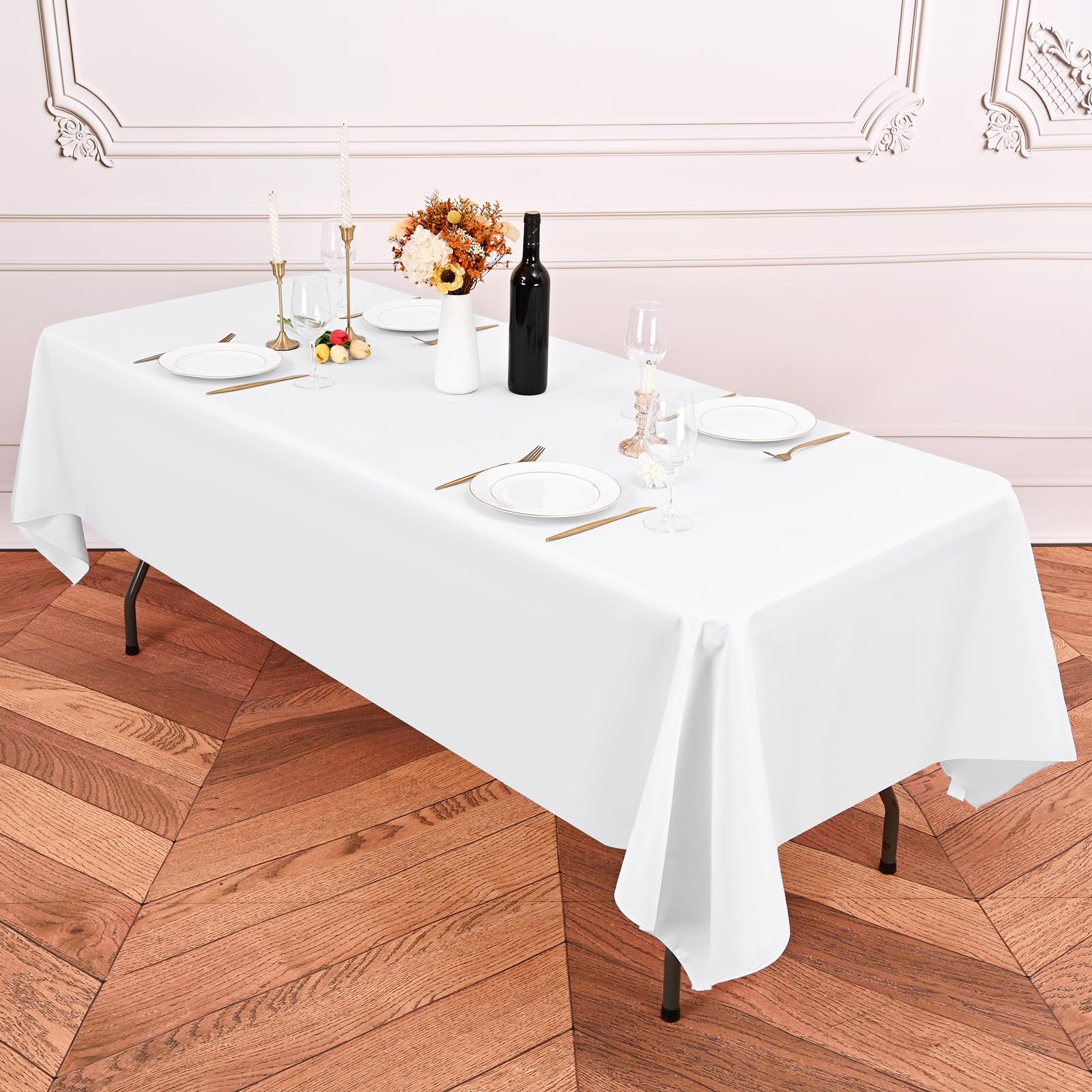 10 paquet de nappes en polyester Blanc, 153 x 260 cm pour blanc nappe rectangulaire de 1,8 m, lavables et réutilisables, résistantes aux taches et aux plis, pour fête de mariage restaurant décoration