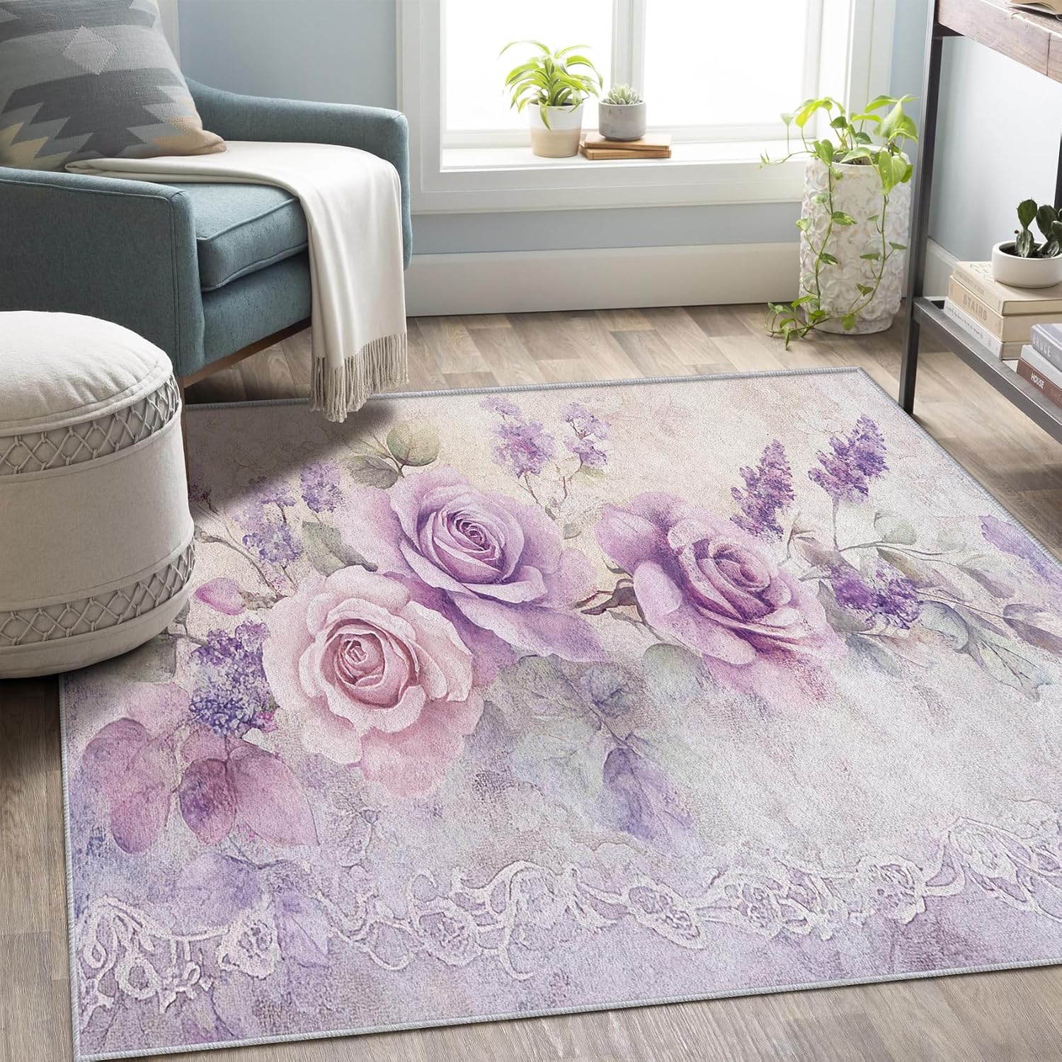Vintage Rose Throw Rug 2x3, Washable Shabby Chic Floral Rugs for Entryway Bedroom Kitchen, Lavender Flower Area Rug for Home Decor, Non Slip Backing Indoor Floor Mat Carpet with Gripper