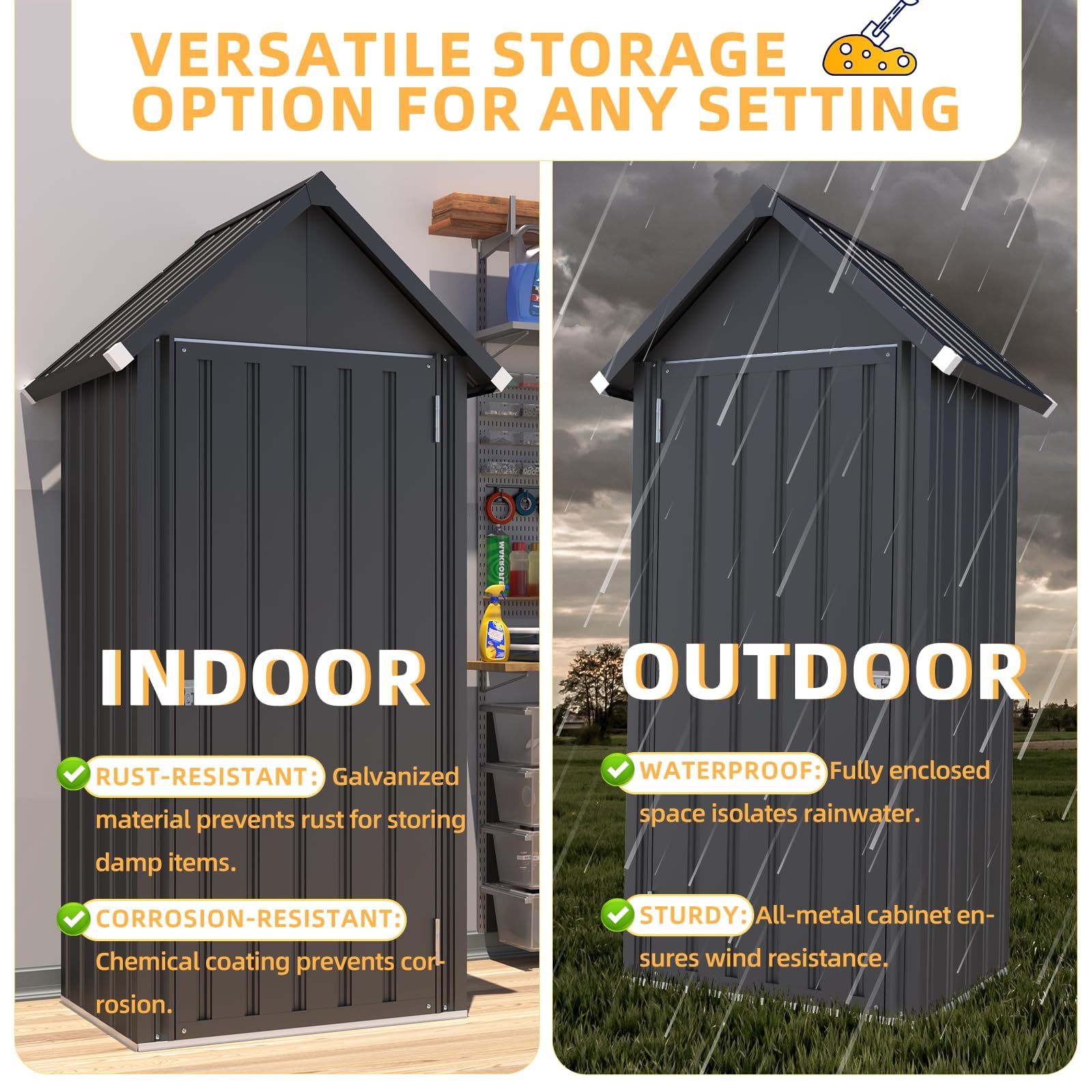 YODOLLA Metall Gartenschrank, Geräteschuppen mit Sockel & Schloss, Grau | Gartenhaus für Werkzeug & Zubehör, wetterfest, 86x55x178 cm
