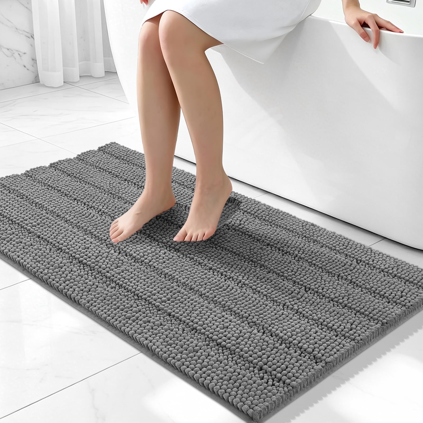 Photo 1 of Bcoimo Bath Rug Mat,44x24 Chenille Non Slip Gray Long Bathroom Runner Rugs
