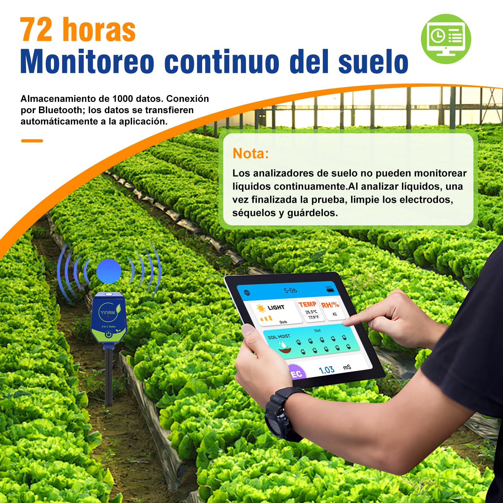 YINMIK Medidor de Suelo 8 en 1 pH Humedad conductividad(EC) para Plantas | Medidor inteligente de pH, humedad, EC, fertilidad, sal, luz, humedad del aire y temperatura para exteriores y jardines