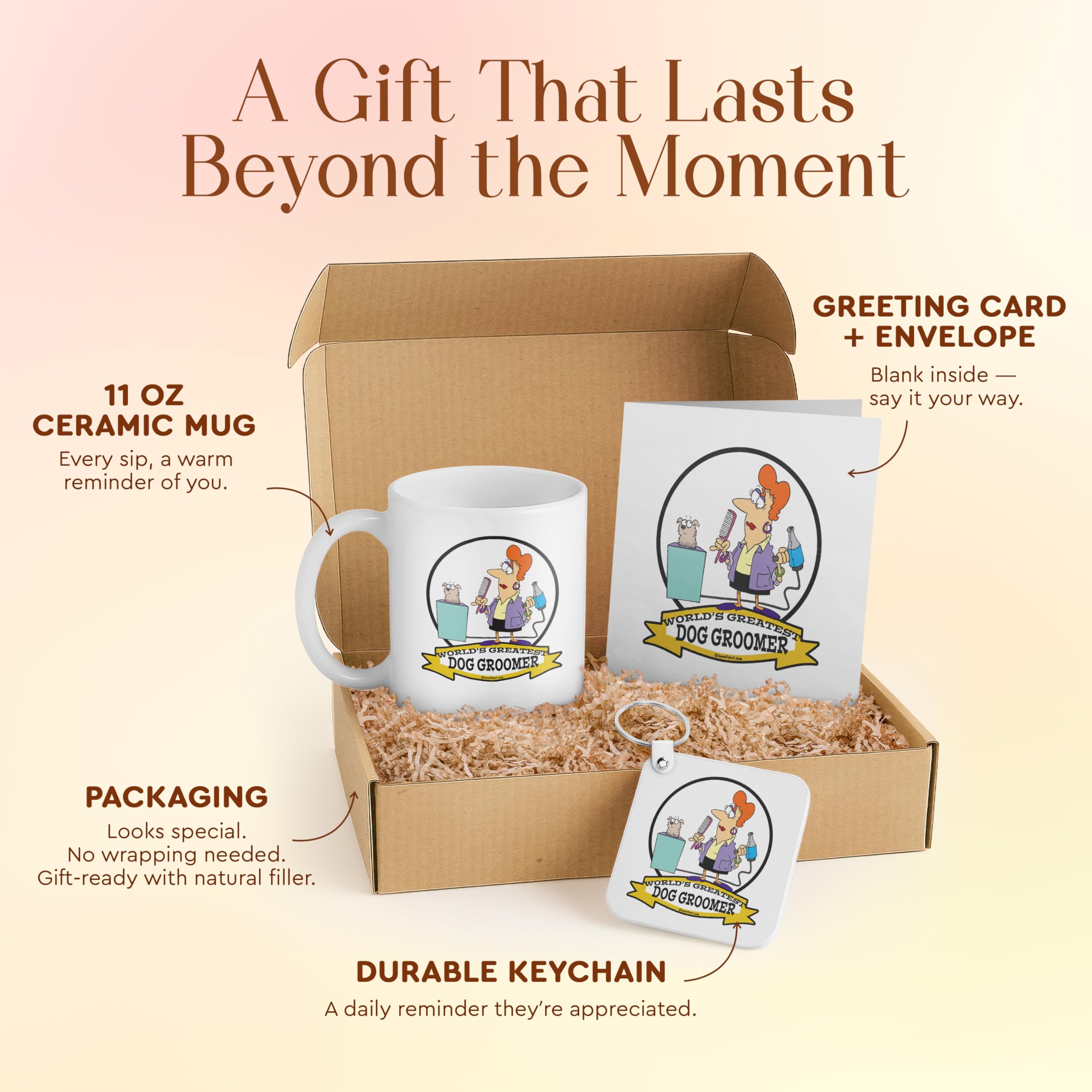 3dRose Dog Groomer Gift Set – Mug, Keychain, and Card with Cartoon Illustration – Perfect for Birthdays and Pet Lovers