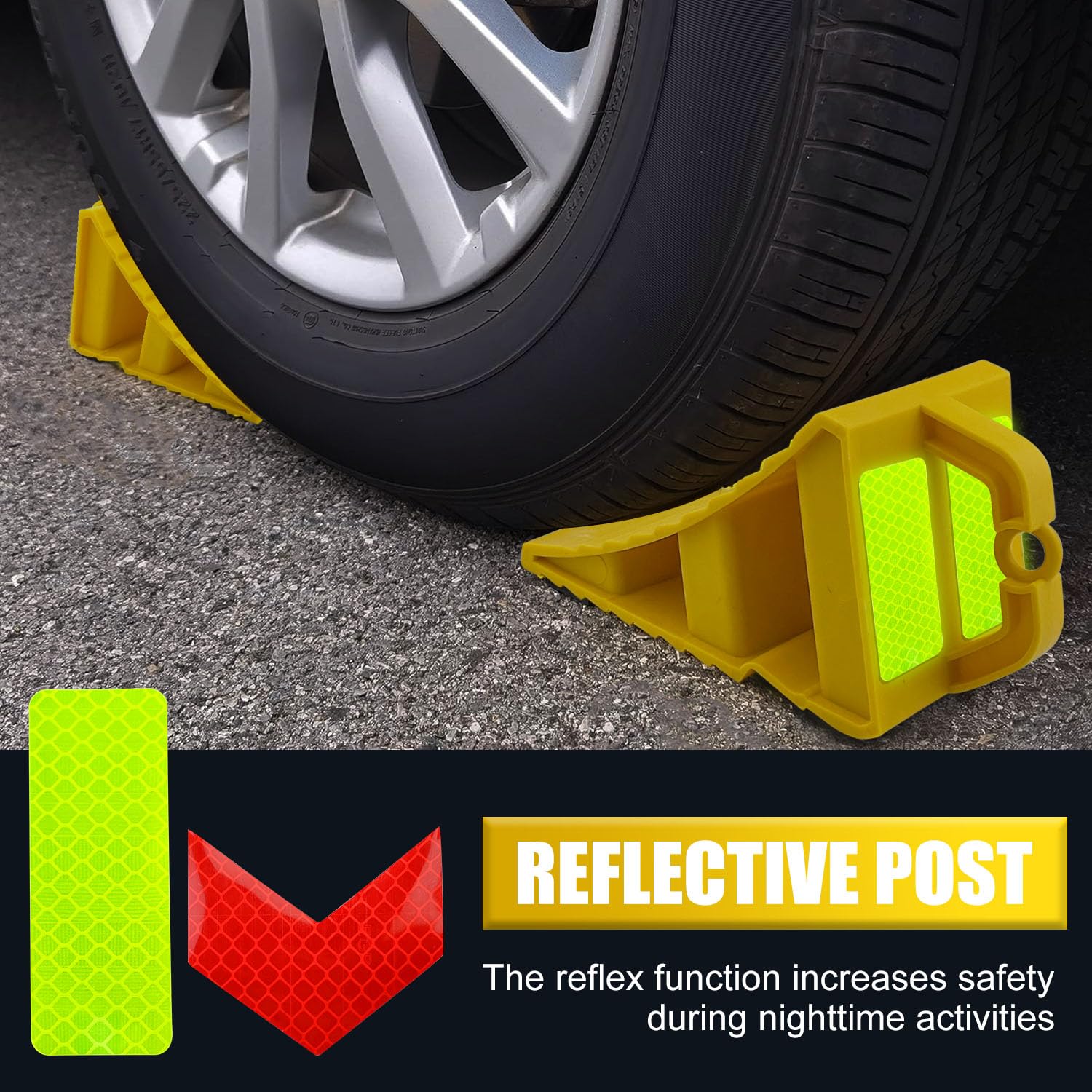 Cunei, 2 pezzi con impugnatura, cunei frenanti per camion, auto, rimorchio, roulotte, camper, con 20 adesivi riflettenti