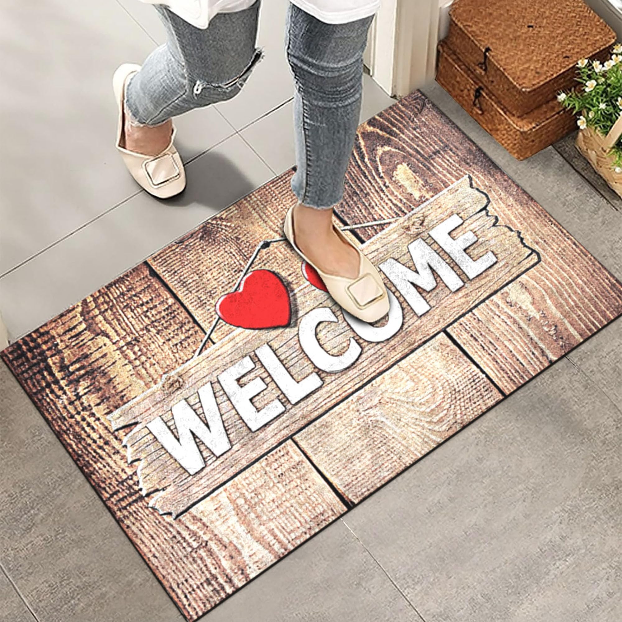 Monnhein Kapı Önü Paspası - Modern ve Şık Kapı Paspası | Ev, Ofis ve Dış Mekân Kullanımı İçin (Ahşap Desenli Welcome) 45x65