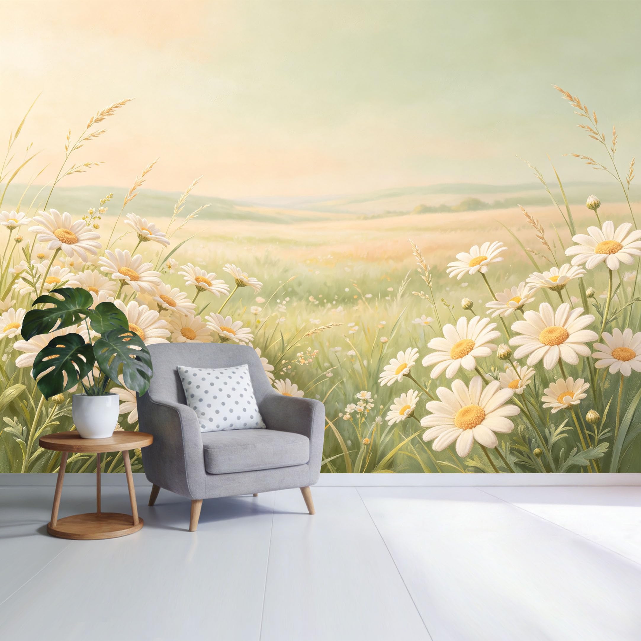 Custom Size Wall Mural Daisy Meadow Landscape Pastel Sunset Botanical Watercolor Style SelfAdhesive Wall Fabric Removable Wallpaper for Home Office Decor