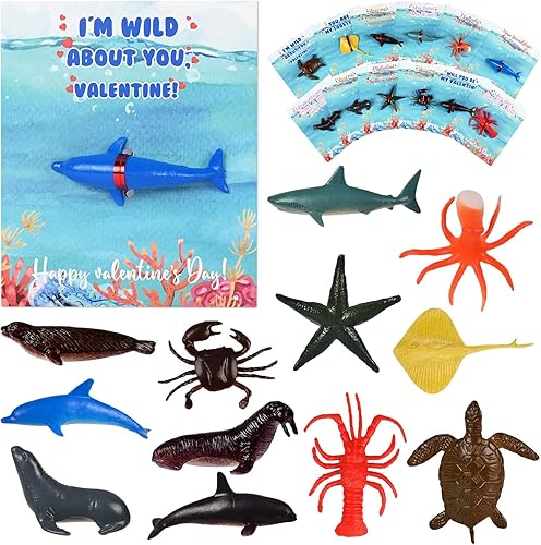 Regalos del día de San Valentín para niños, paquete de 36 tarjetas del día de San Valentín con mini juguetes de animales marinos para niños, regalos