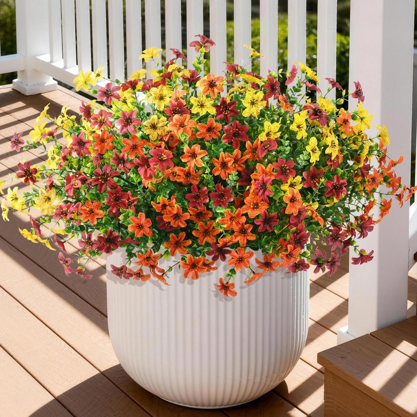 Artificial Flowers for Outdoors 12 Bundles Fake Plants Spring Home Decoration, Realistic Faux Flower Silk Daisy with Eucalyptus Stem UV Resistant Patio Planter Porch Yard Window (Yellow Brown Orange)