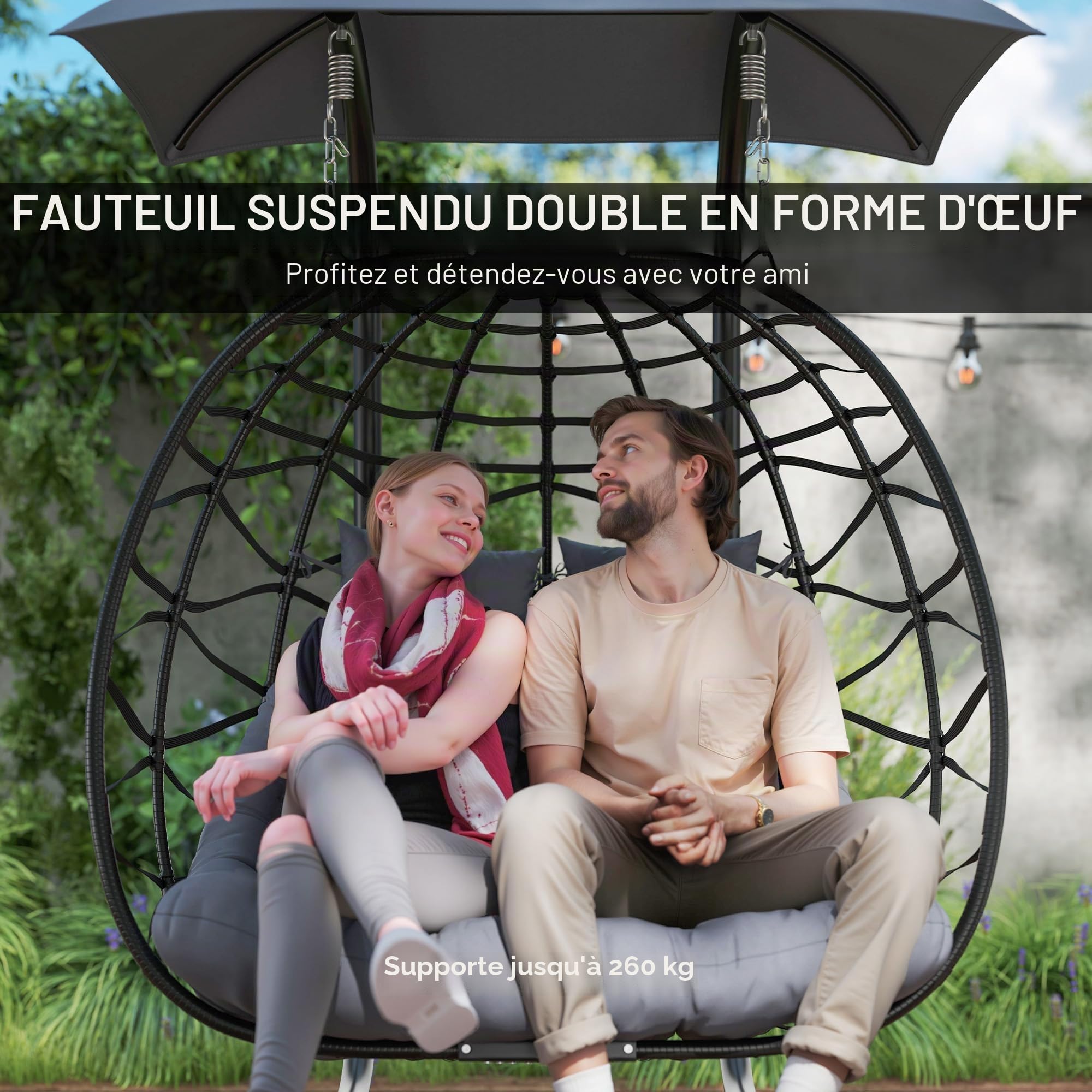 Outsunny Chaise Œuf Suspendue Double Baldaquin,Coussins,Appuie-tête,Noir