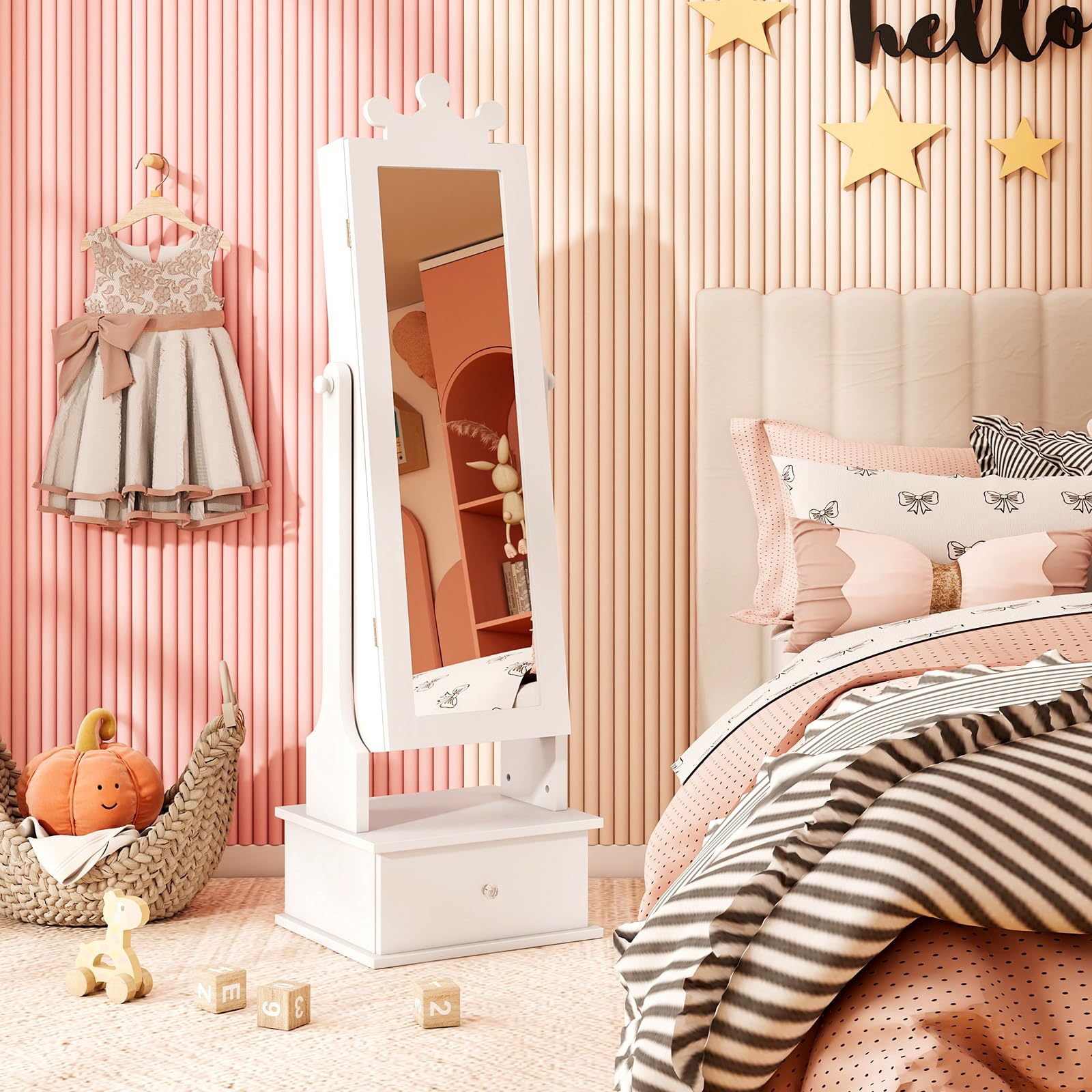 COSTWAY Armario de Joyería para Niños con Espejo y 3 Cajones, 2 Ángulos de Inclinación Ajustables y Sistema Antivuelco, Espejo Vestidor con Forma de Corona para Niños de 3+ Años (Blanco)