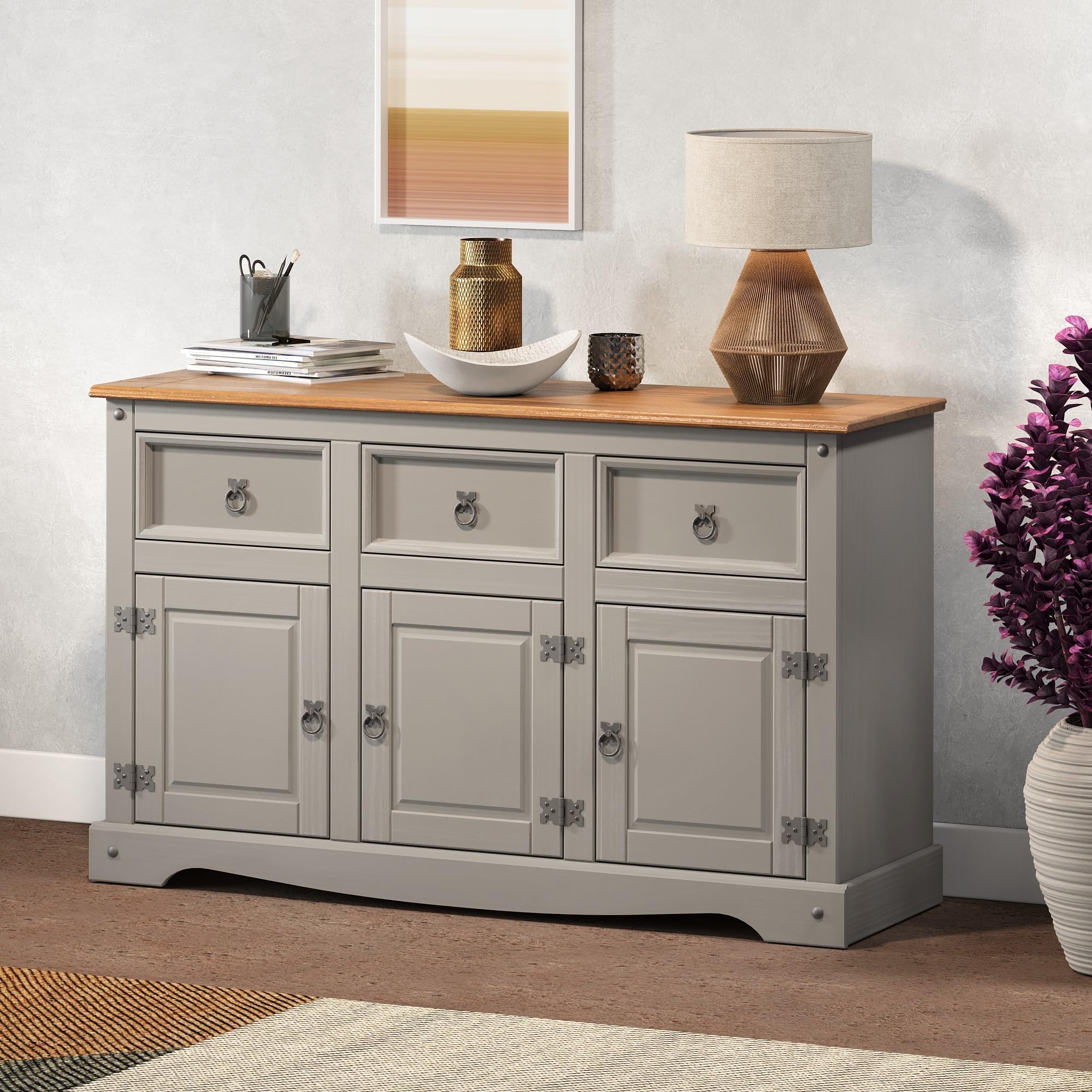 Corona Sideboard Grey Painted Wax 3 Door 3 Drawer Solid Wood Pine Wooden Dresser Cupboard Unit Living Room Lounge Hallway Dining Room Kitchen Mexican Style 76cm High 125cm Wide 40cm Deep