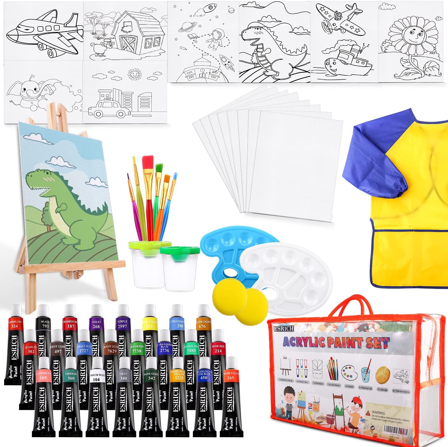 Paint Set for Kids,54 PCS Art Supplies with Children’s Brushes, Acrylic Paint, Palette, Easel, Art Smock,Blank and Themed Drawing Board, Brush Cup and Sponges, Paint Set for Kids Ages 8-12.