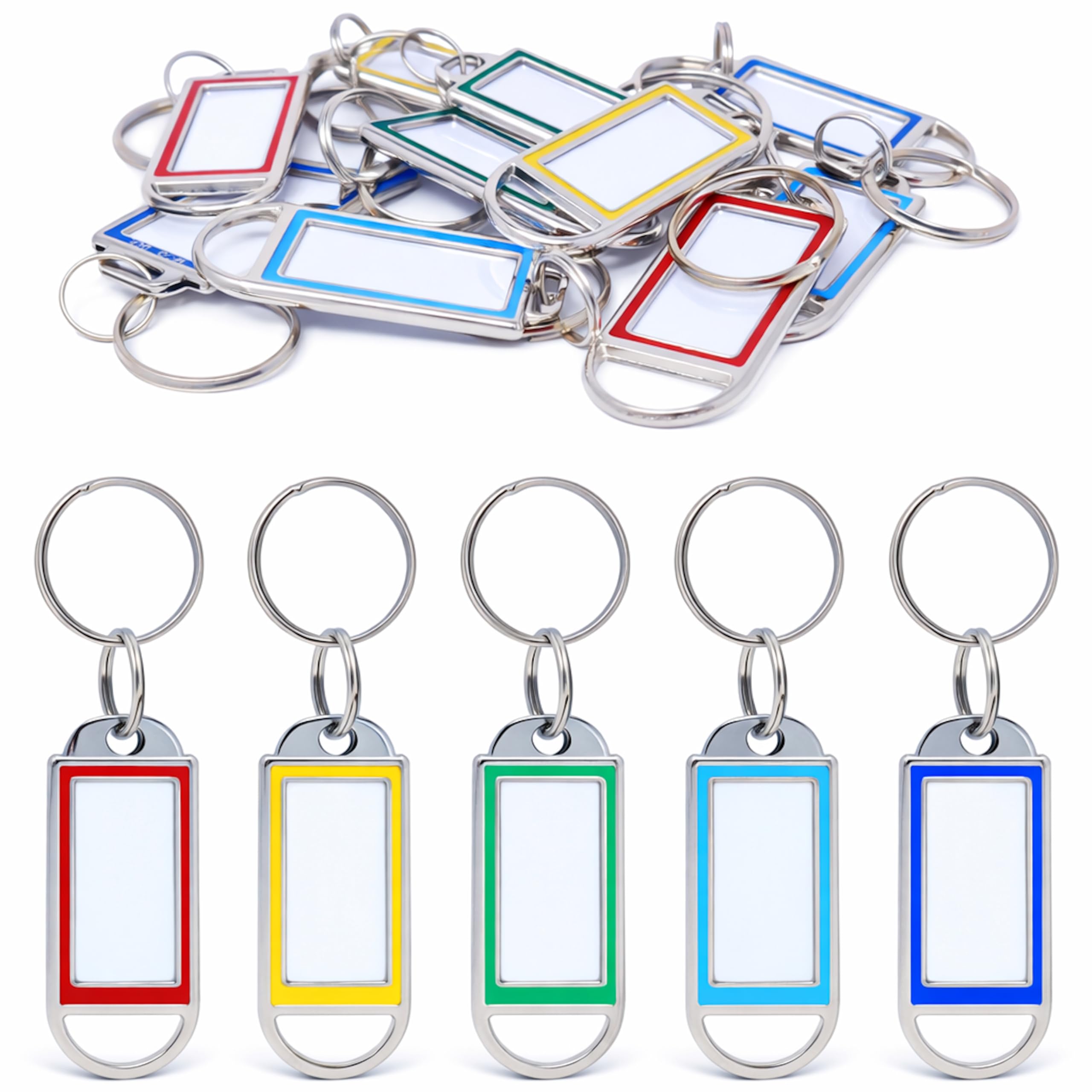Portachiavi in Metallo con Etichetta Scrivibile su Entrambi Lati – 5 Colori, Portachiavi Identificativi Riutilizzabili con Custodia Protettiva per Chiavi, Ufficio, Hotel, Bagagli e Animali - 10 pz.