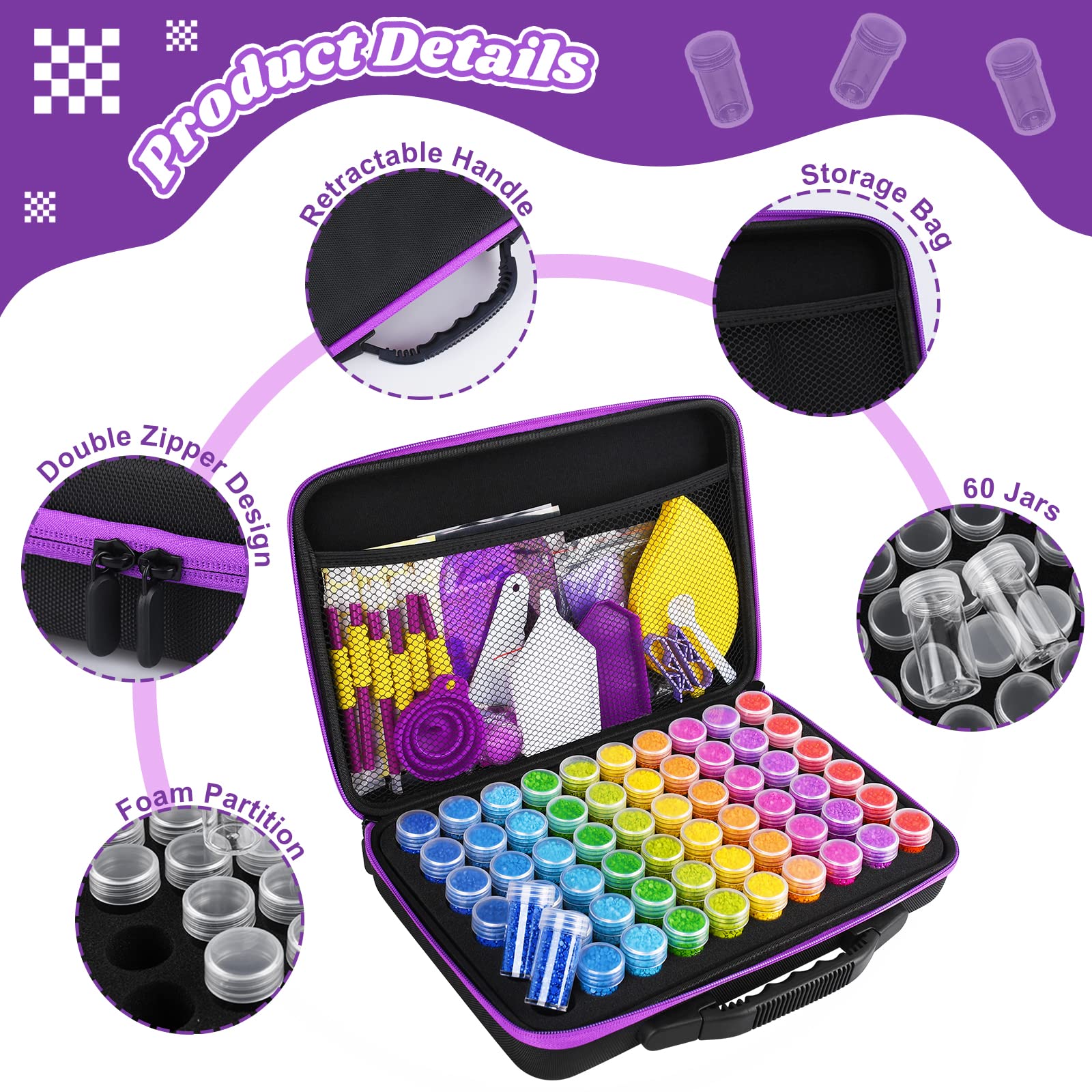 Retoo Boîte Rangement Peinture Diamant 60 Emplacements - Kit Accessoires Complet Avec Entonnoir