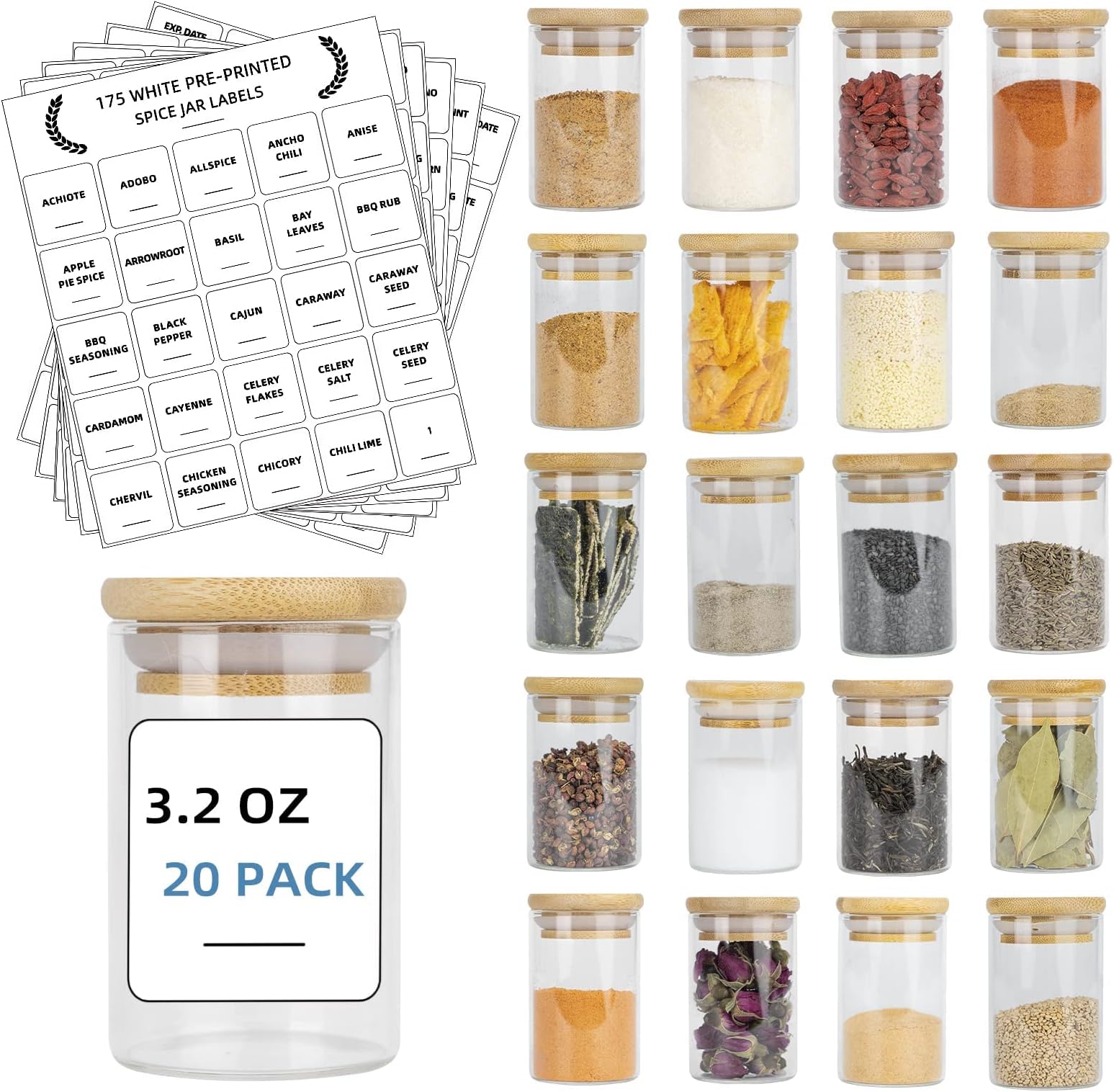 20 Pack Glass Spice Jars Set, 3.2oz (95ml) Mini Spice Jar with Bamboo Airtight Lids and 180 Spice Jar Square Labels Preprinted, Thicken Seasoning Containers, Food Storage for Pantry, Tea, Herbs, Salt