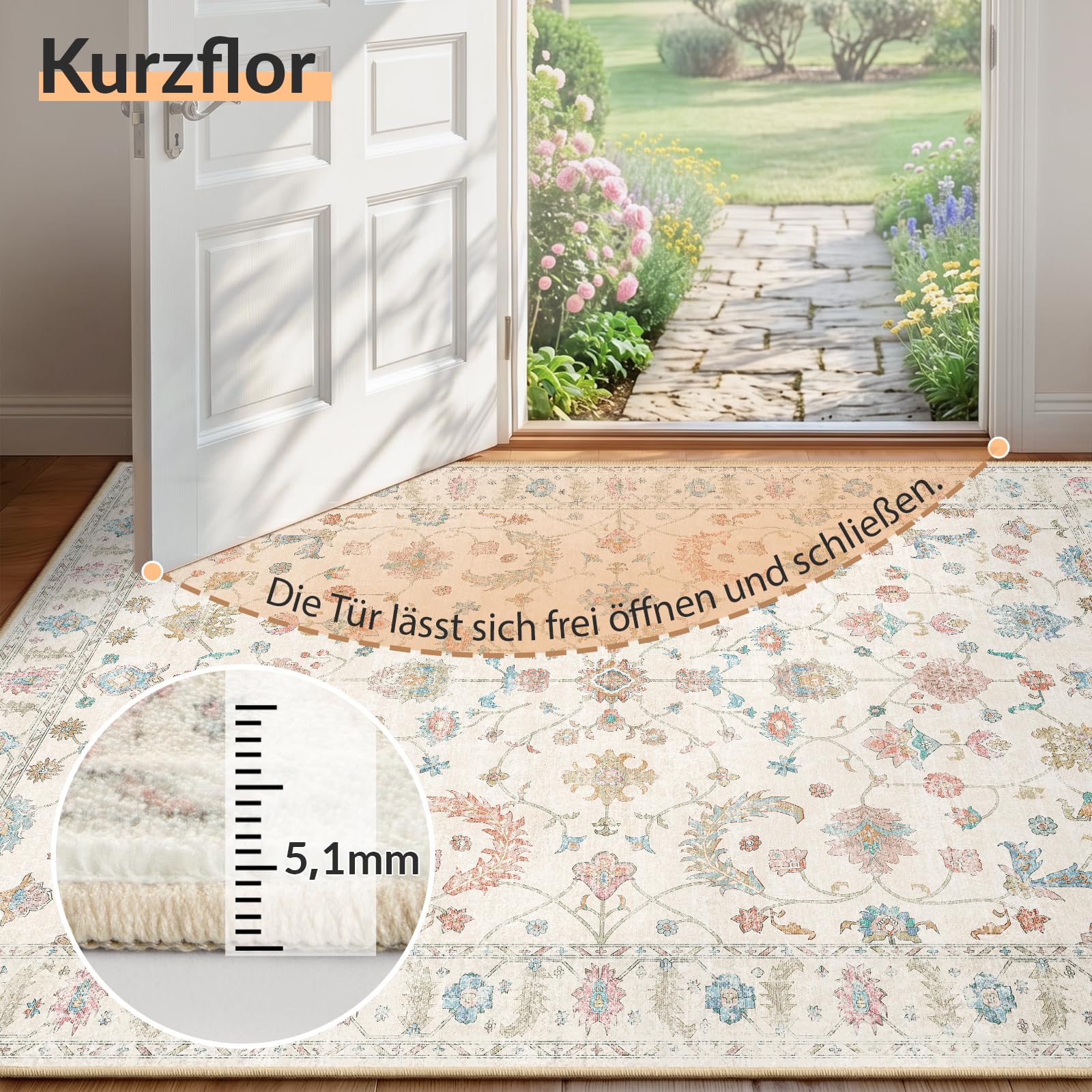 INOVADAY Waschbarer Teppich Boho 200x300 cm Cremeweiß Wohnzimmer Teppich | Schlafzimmer, Küche, Vintage, Eingangshalle, Esszimmer, Diele, Kurzflor, Rutschfest, Flur, Druckmuster, Weich, Pflegeleicht