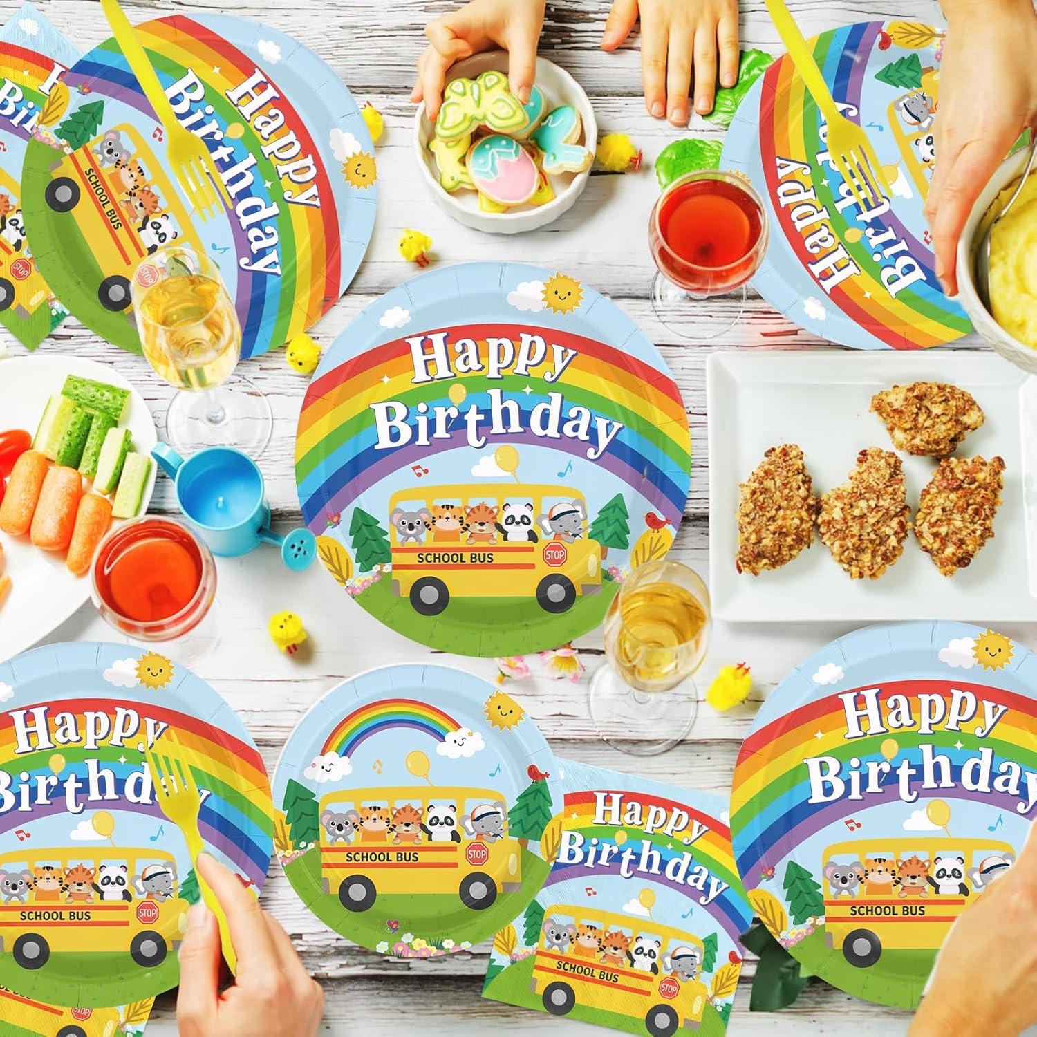 96Pcs Cartoon Melon Birthday Party Supplies School Bus Plates and Napkins Rainbow Watermelon Tableware Set for Boys and Girls Birthday Baby Shower Party Supplies Serves 24 - Image 6