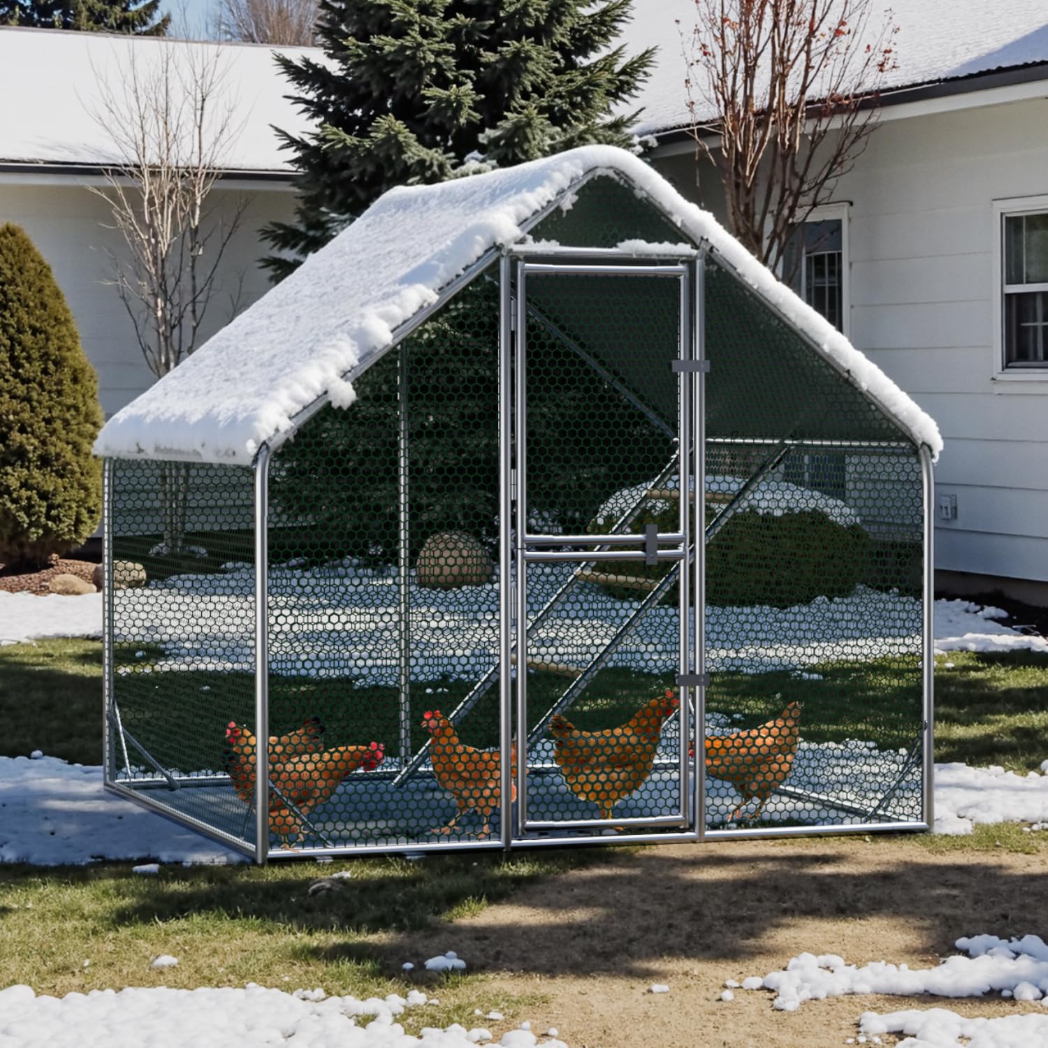 Gallinero grande de metal 2 x 2 x 1,7 m con cubierta de techo, cercado para gallinero para jardín, resistente a la intemperie, para 4 a 6 gallinas, con accesorios y escalera de asiento