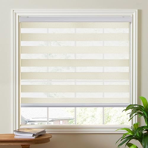 SHECUTE Zebra Blinds for Windows, 49 x 72 Inches Cream Zebra Roller Shades, Light Filtering Room Darkening 50% Blackout Window Treatments for Living Room, Bedroom, Kitchen, Office, Bathroom