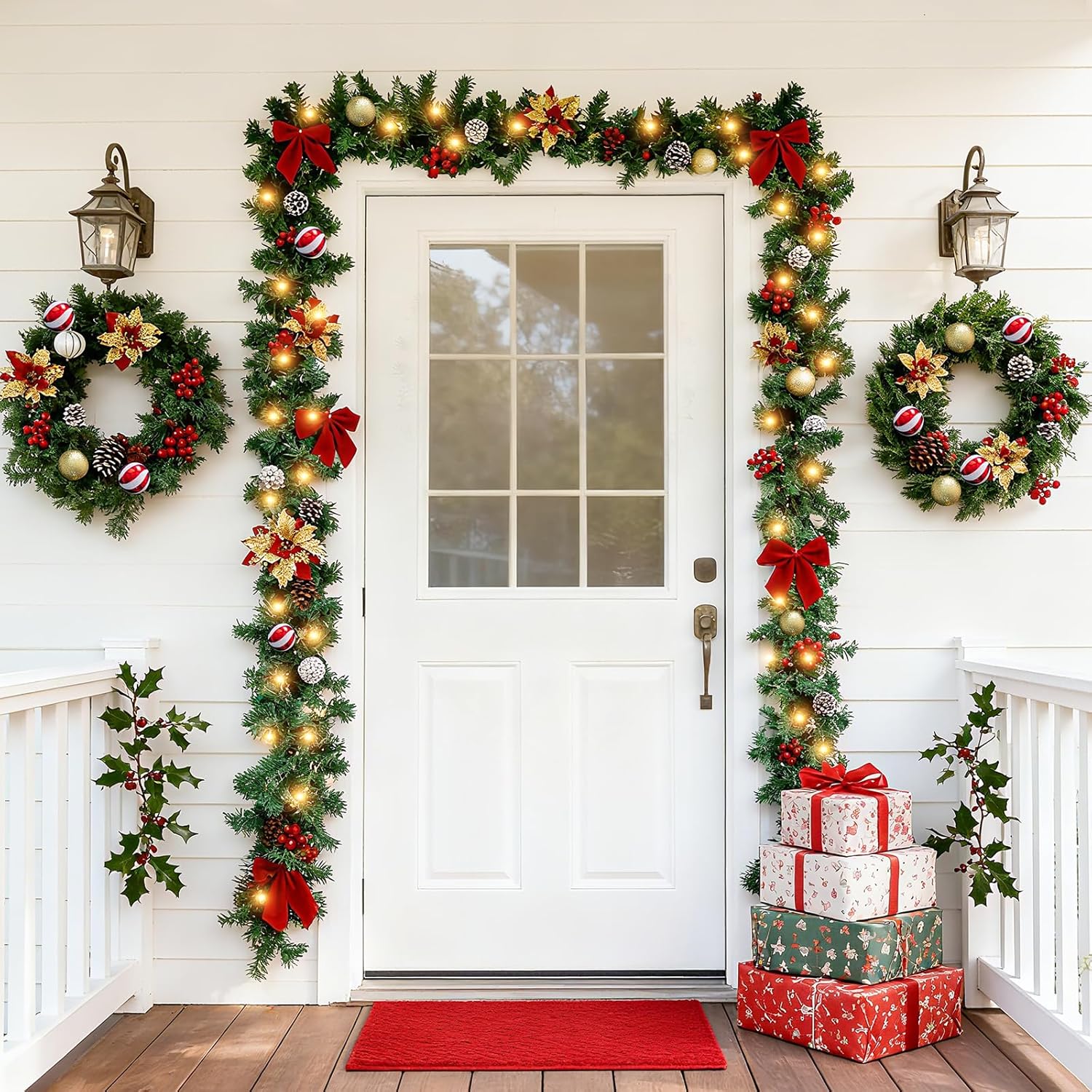 9 FT Pre-Lit Christmas Garland with 50 LED Lights Red Bows Flowers, Indoor Outdoor Lighted Garland for Stairs, Mantle, Door, Fireplace, Banister, Staircase, Holiday Christmas Decor, Battery Operated - Image 6