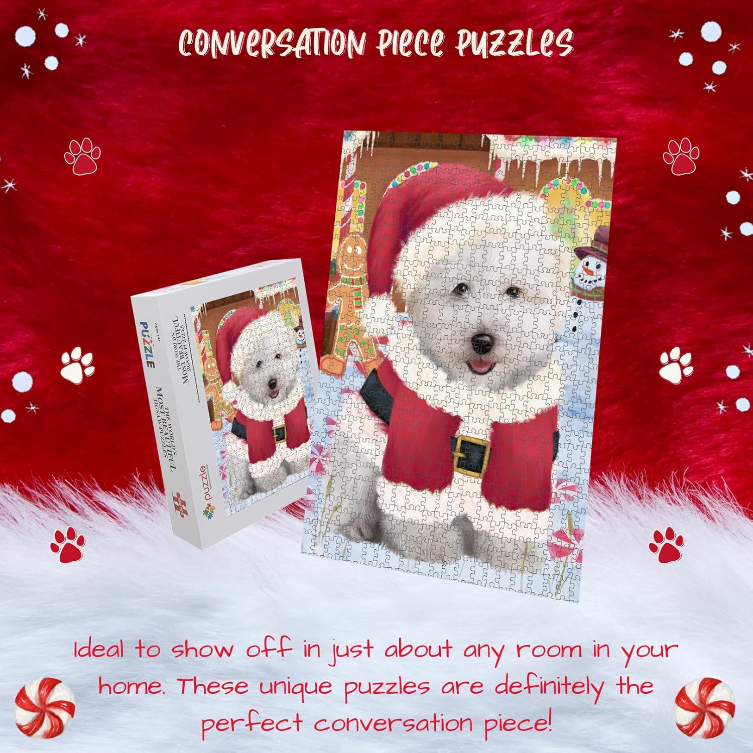 Christmas Gingerbread Candyfest Coton De Tulear Dog Jigsaw Puzzle for Adults - Animal Printed Interlocking Puzzle Game Artwork - Gift for Dog Lover's - 1000 Pcs 11"x14"