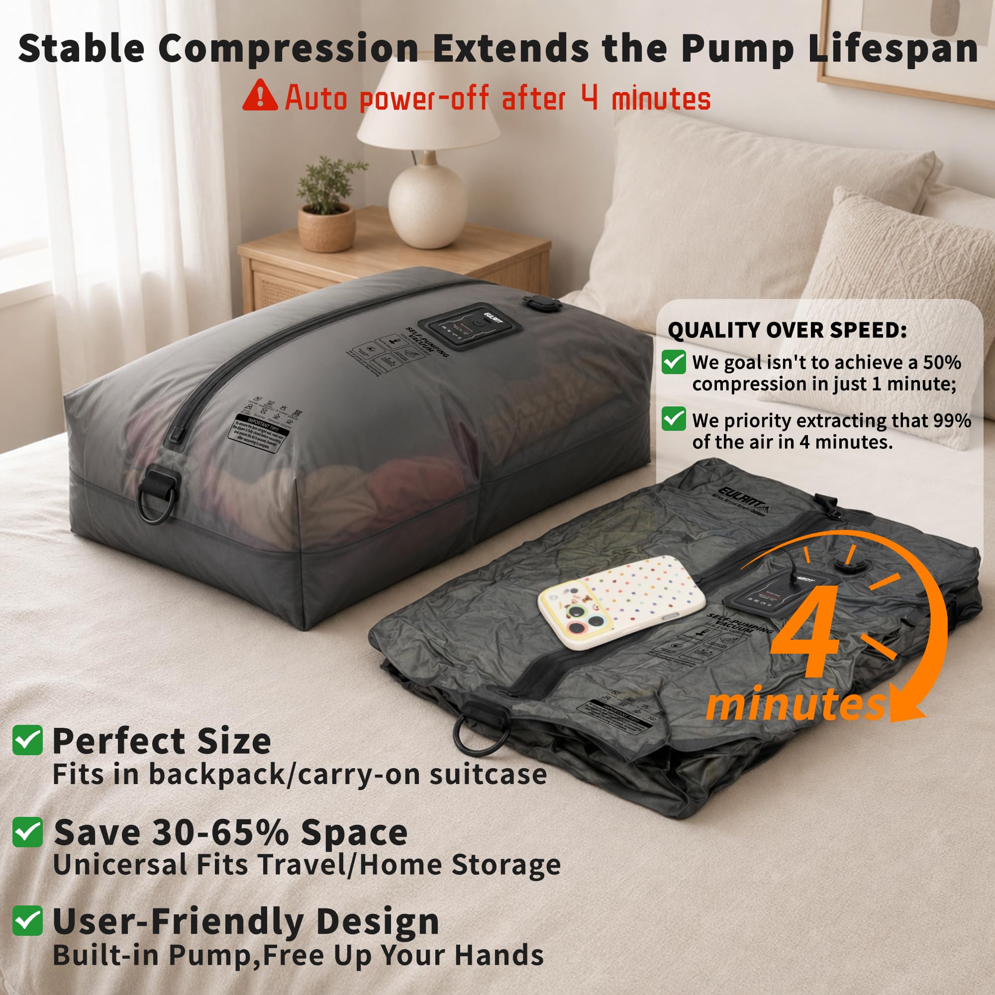 Sacs sous vide de voyage avec pompe intégrée, sacs de compression réutilisables IPX8, 1 pièce