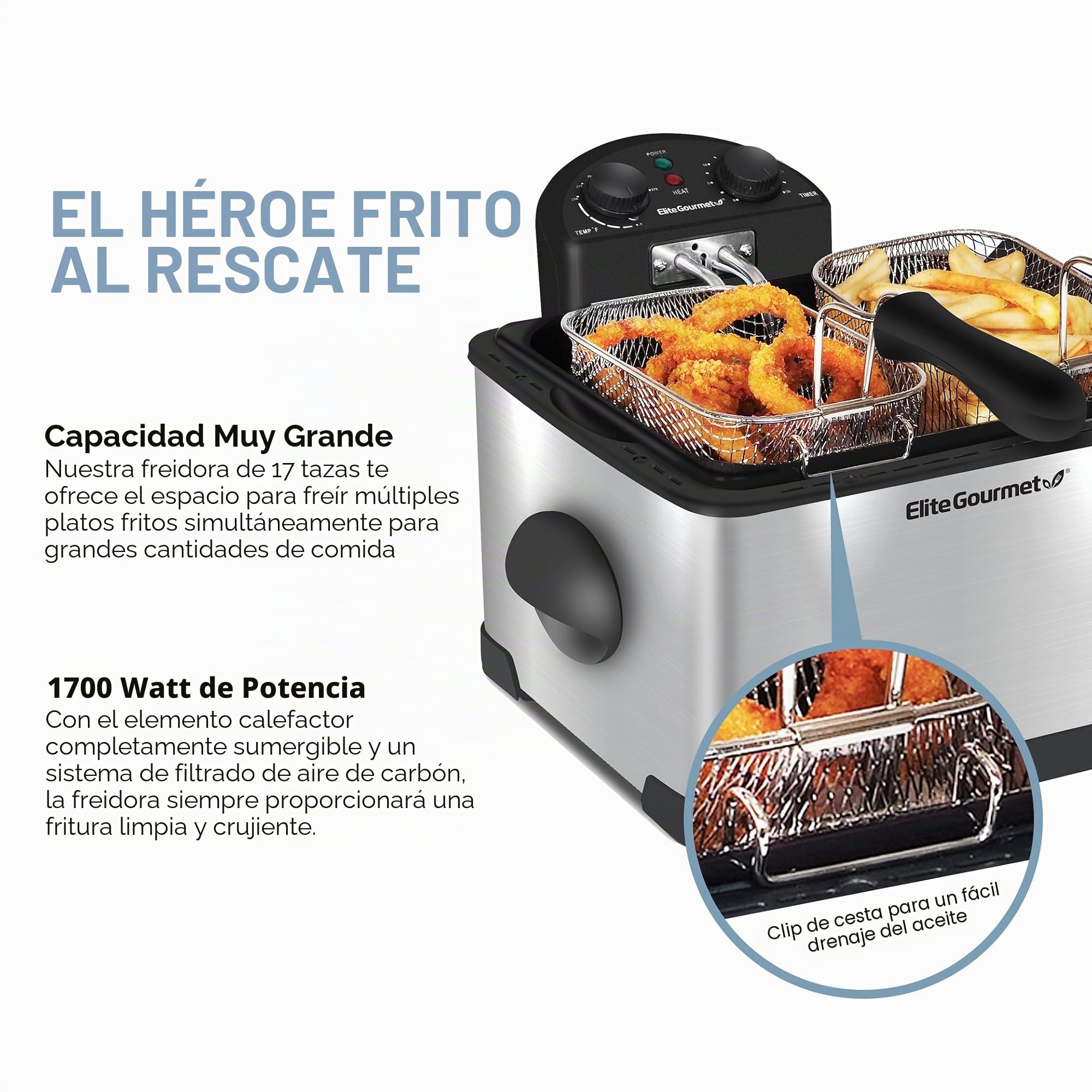 Elite Gourmet EDF-401T Freidora eléctrica de inmersión de 3 cestas, 1700 vatios, Temperatura Regulable con Temporizador, Tapa con Mirilla y Filtro antiolor