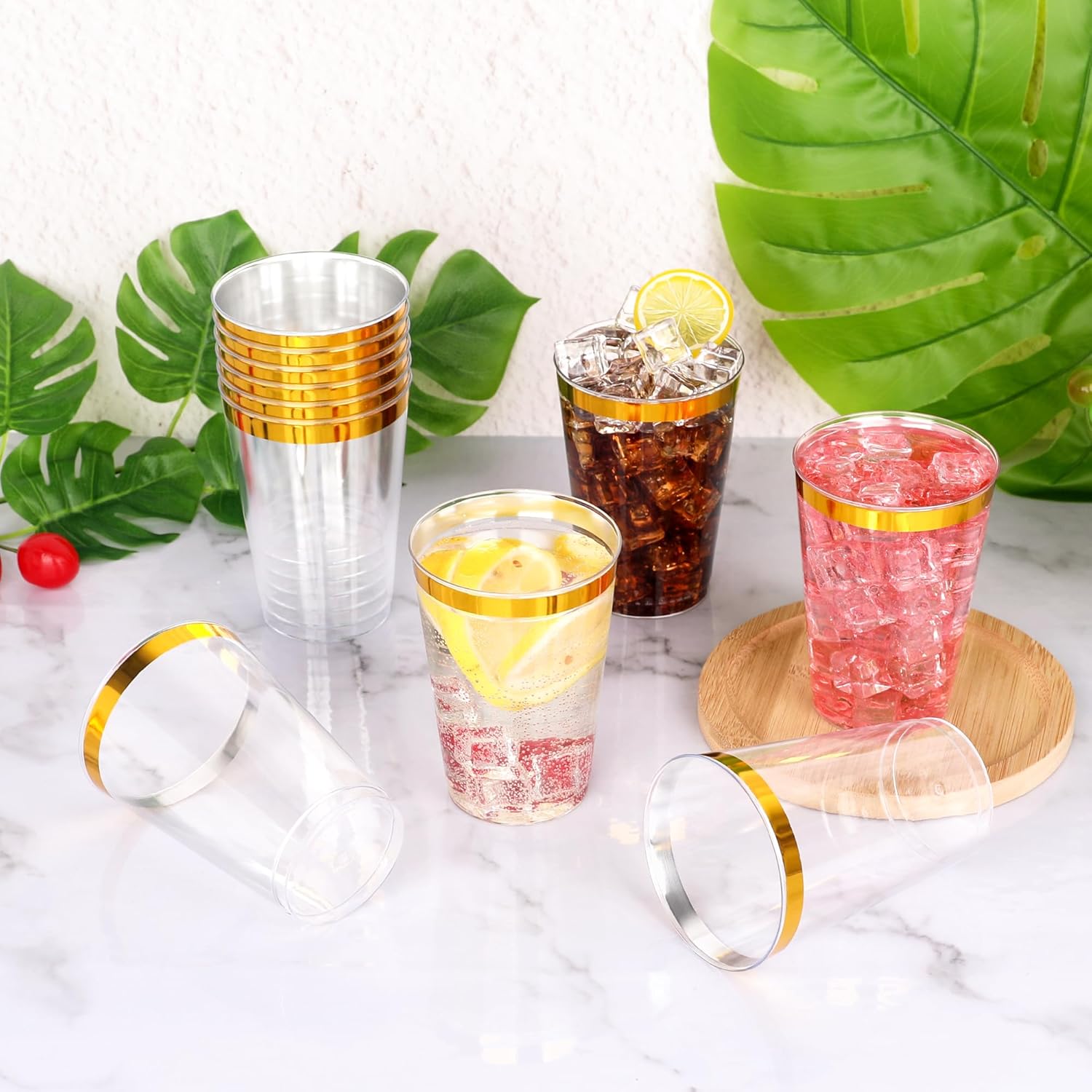 200 Pcs Gold Plastic Cups,12oz Gold Rimmed Plastic Cups,Heavy Duty Disposable Plastiic Wine Glasses Cocktail Glasses Premium Cup with Gold Rim for Party,Wedding,Christmas - Image 4