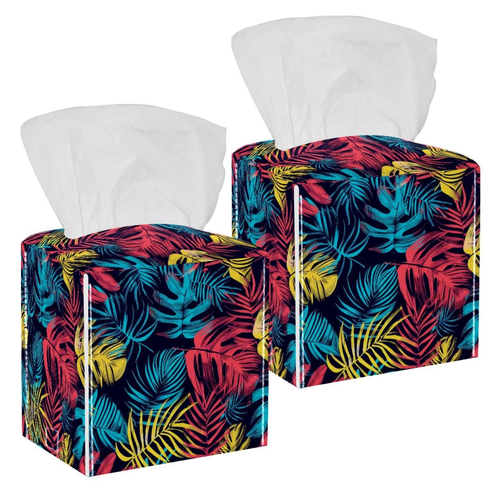 Tropical Palm Tissue Box Cover, 2 Pack PU Leather Square Facial Tissue Dispenser Box holder for Home Office Car