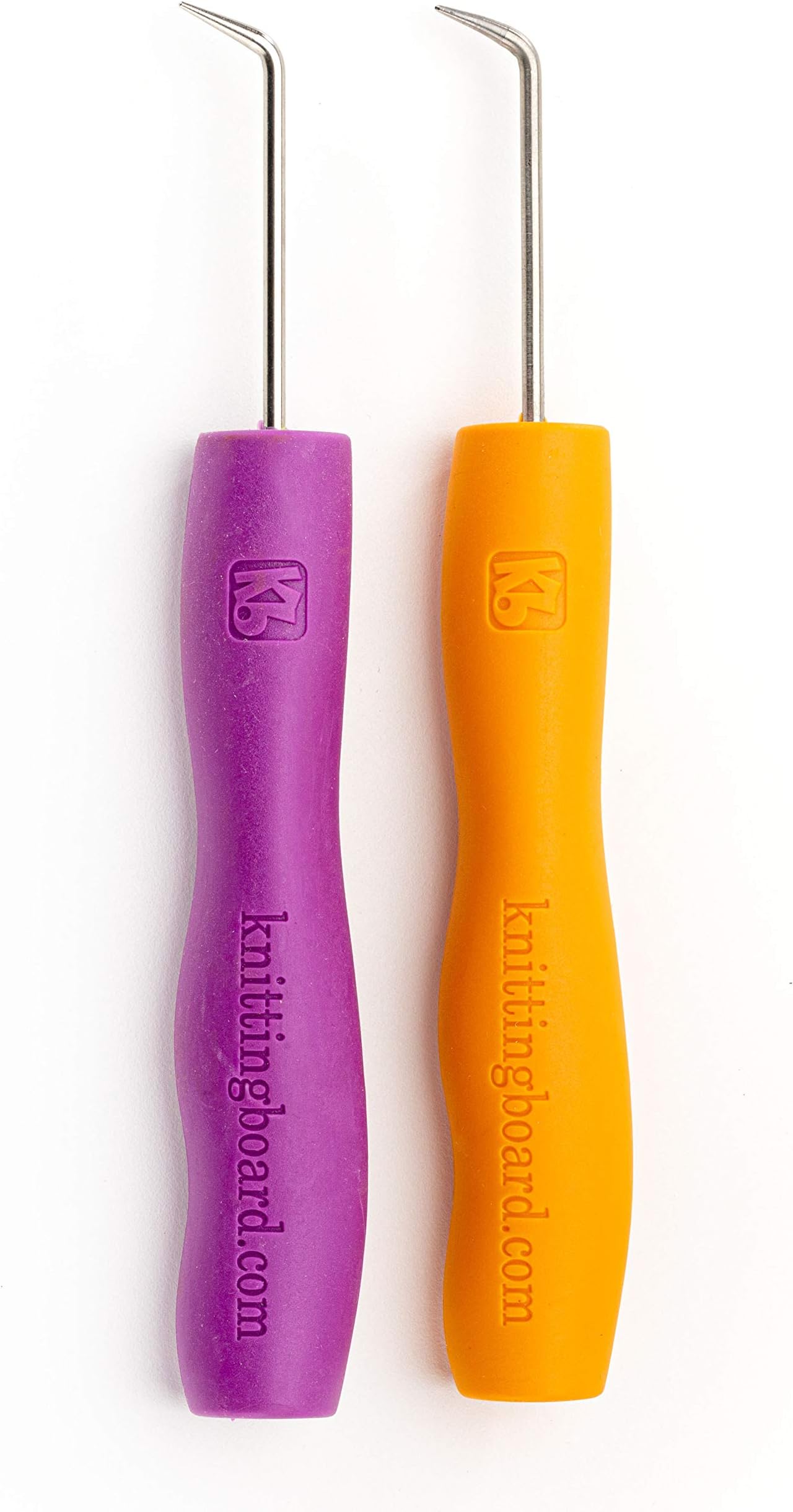 Authentic Knitting Board, Loom Knitting Ergonomic Hook & Tool (2 Pack) Orange and Purple Hooks