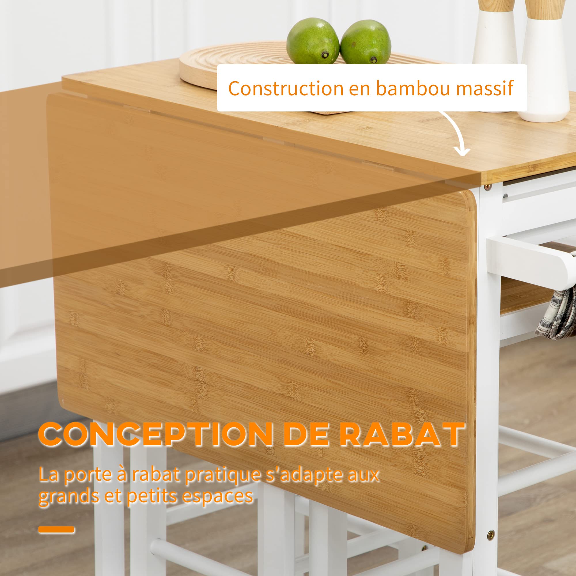 HOMCOM Ensemble Table de Bar Chariot de Cuisine Table de Cuisine Pliante roulettes + 2 tabourets Blanc et Bois Clair - 2 tiroirs et Porte-torchons