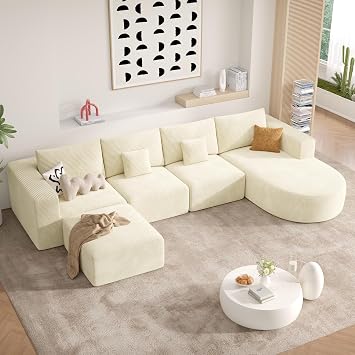 134" Boneless Couches for Living Room,Large U-Shaped Modular Sectional Sofa with Convertible Ottoman,Modern Cozy Cloud Couch in a Box,Sponge Compression Deep Seat Sofas with Chaise,Beige,1pcs