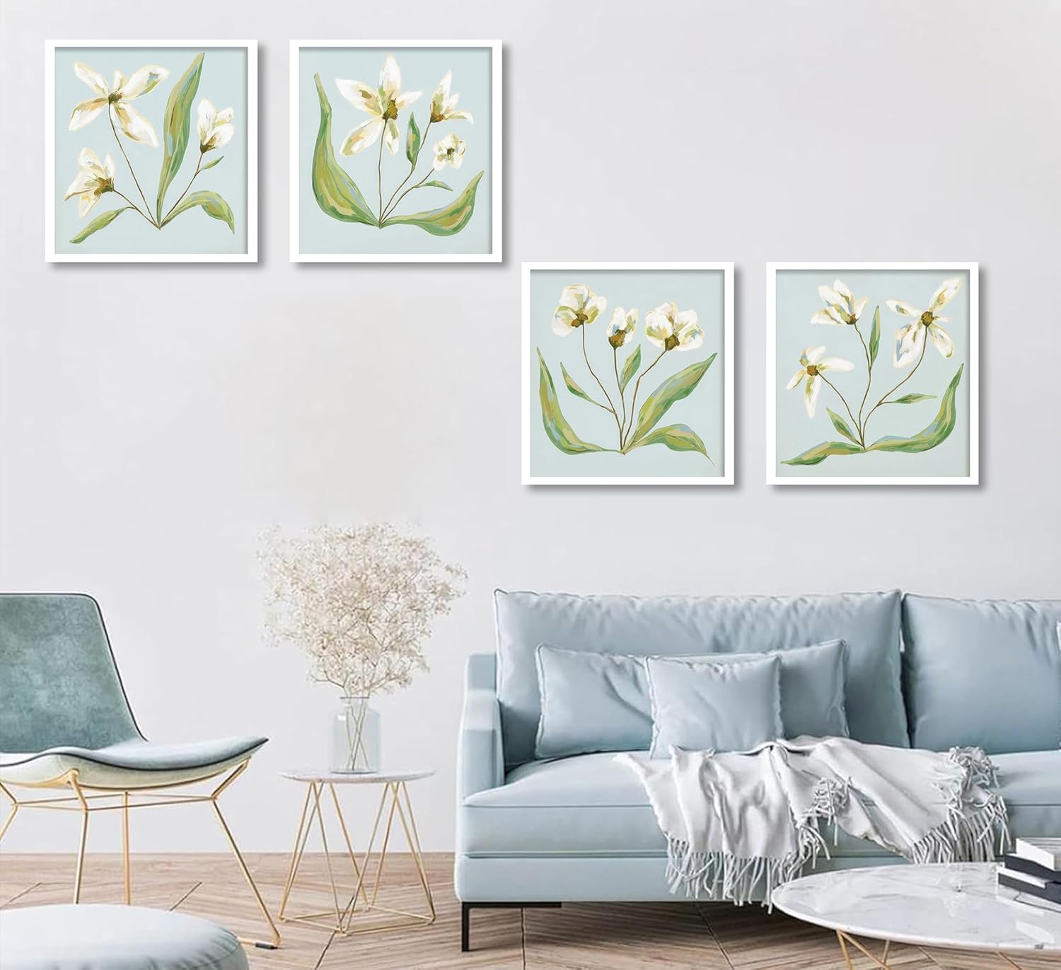 Light Blue White Flower Wall Art Southern Coastal Modern Floral Painting Picture Wall Decor Minimalist Botanical Poster Print Artwork for Living Room Bedroom Bathroom Kitchen Home Decoration Unframed