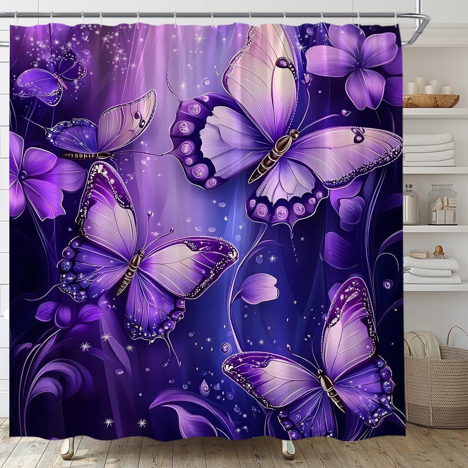 Blue Floral Butterfly Shower Curtain Modern Fantasy Butterflies Wings Dream Floral Animal Spring Elegant Fabric Bathroom Curtain Decor Bath Set with Hooks(70" Wx96 L)