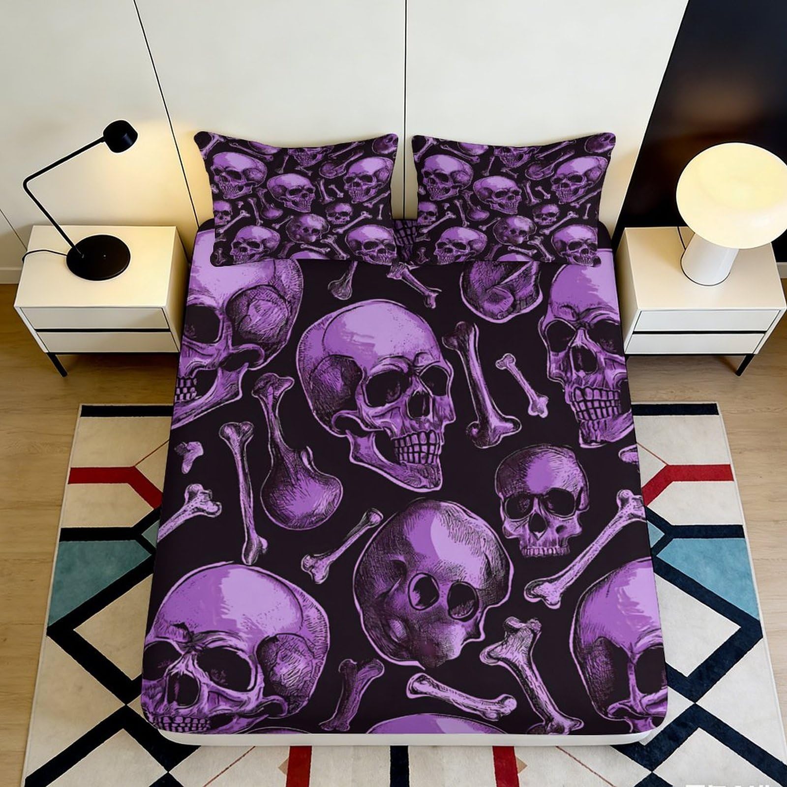 3D Printed Purple Skull Fitted Sheet Microfiber Deep Pocket Bedding Set Bedroom Mattress Fitted Cover Washable Elastic Hem 140x200x25cm