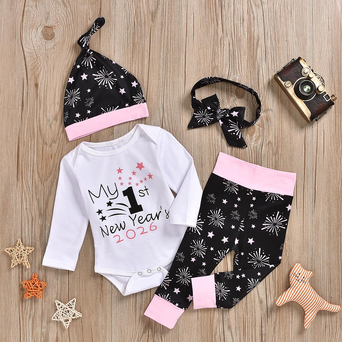 Xfglck Trajes de Año Nuevo para bebés recién nacidos, mameluco con letras, pantalones de fuegos artificiales, ropa para mi primer año nuevo 2023