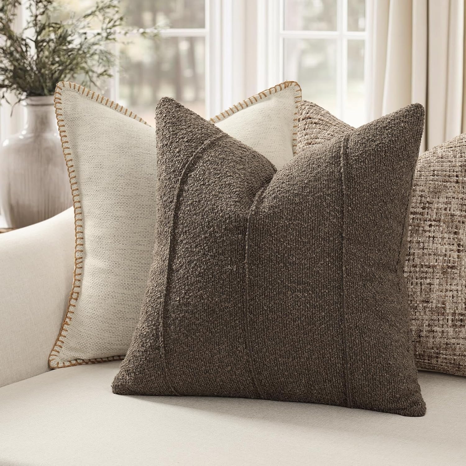 YCOLL Textured Boucle Throw Pillow Covers 24x24 Pack of 2 - Soft Neutral Striped Cushion Covers, Cozy Accent Decorative Pillow Covers for Couch, Sofa, Bed, Living Room (Brown)