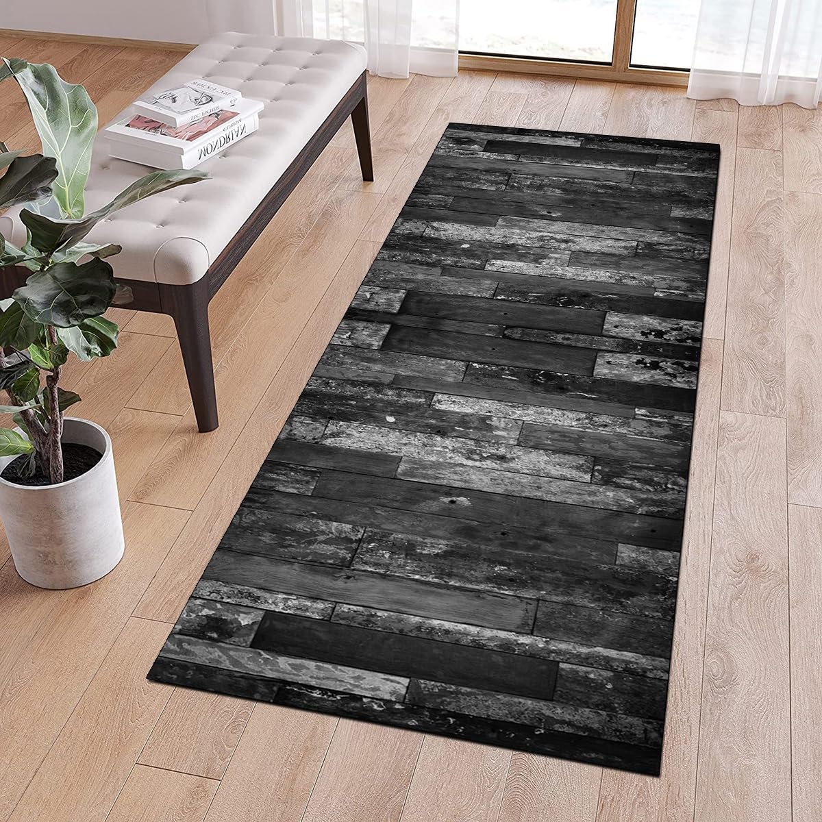 Läufer Flur Küche Teppich rutschfest Schwarz 110x500CM Lang Kücheläufer Waschbar Meterware Holzmuster Teppichmatten Korridor Polyester Wohnzimmer Schlafzimmer