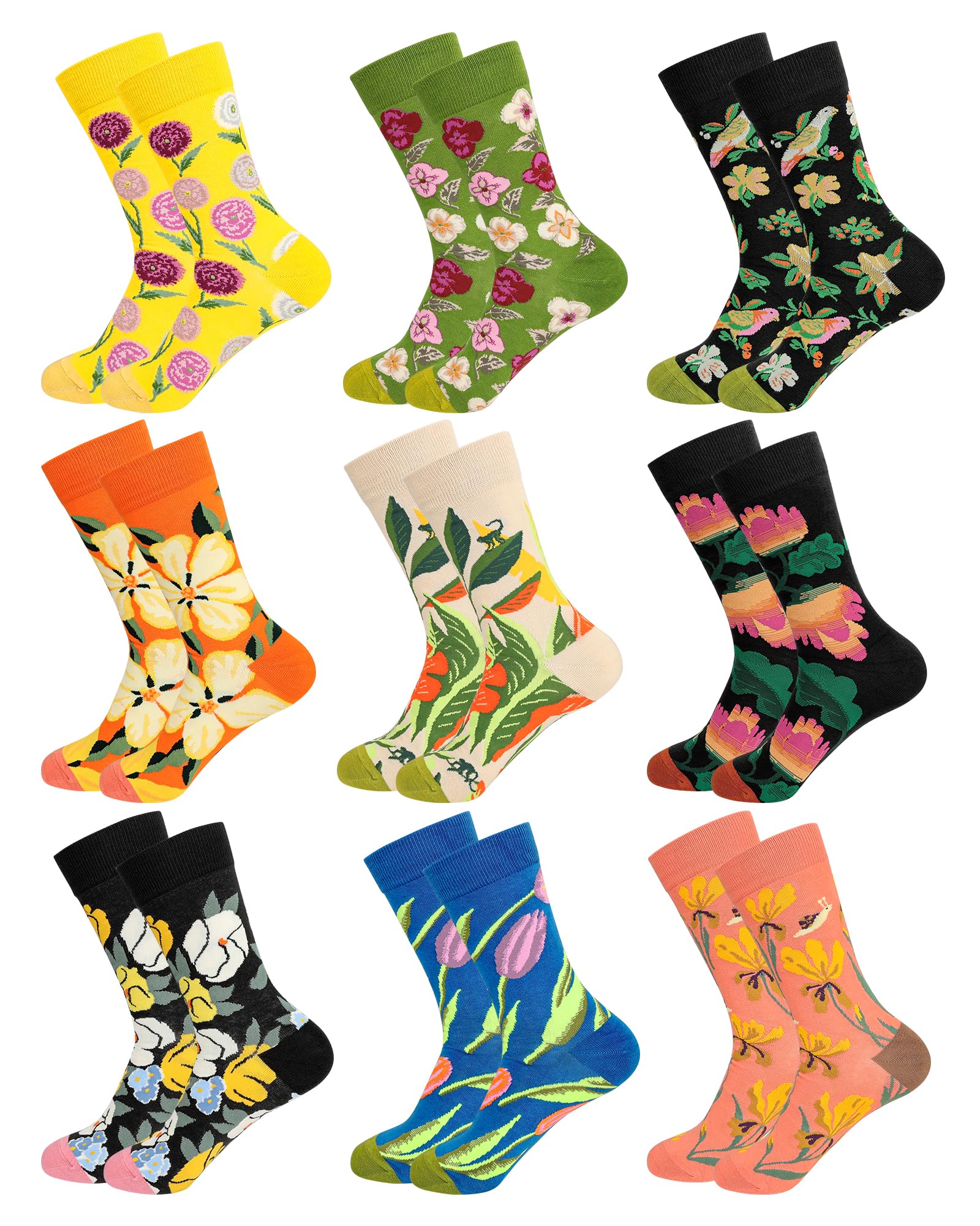 BTONGE 9 Paar Lustige Socken Damen 39-42, Witzige Tier Blume Botanisch Bunte Socken Damen Herren mit Motiv, Lässig baumwollsocken, Atmungsaktiv Baumwolle Crew Socks