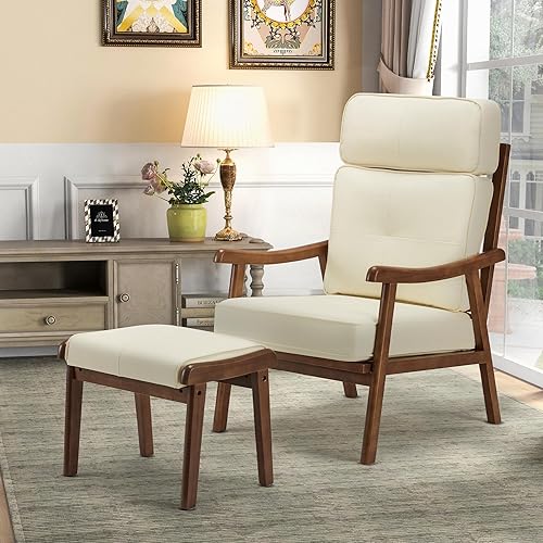 HOMREST Accent Chair, Mid-Century Modern Chair with Ottoman, Upholstered Lounge Arm Chair with Solid Wood Frame & Soft Cushion for Living Room, Bedroom, Belcony, Beige