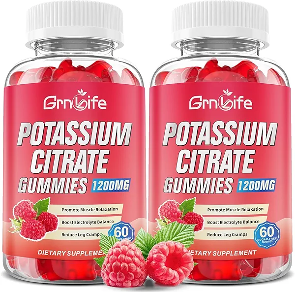 2 Pack Potassium Citrate Gummies, High Potassium Supplement Gummies 1200mg Support Leg Cramps & Muscle Health, Potassium Gummies for Adults & Kids, Vegan, Raspberry Flavor 120 Count