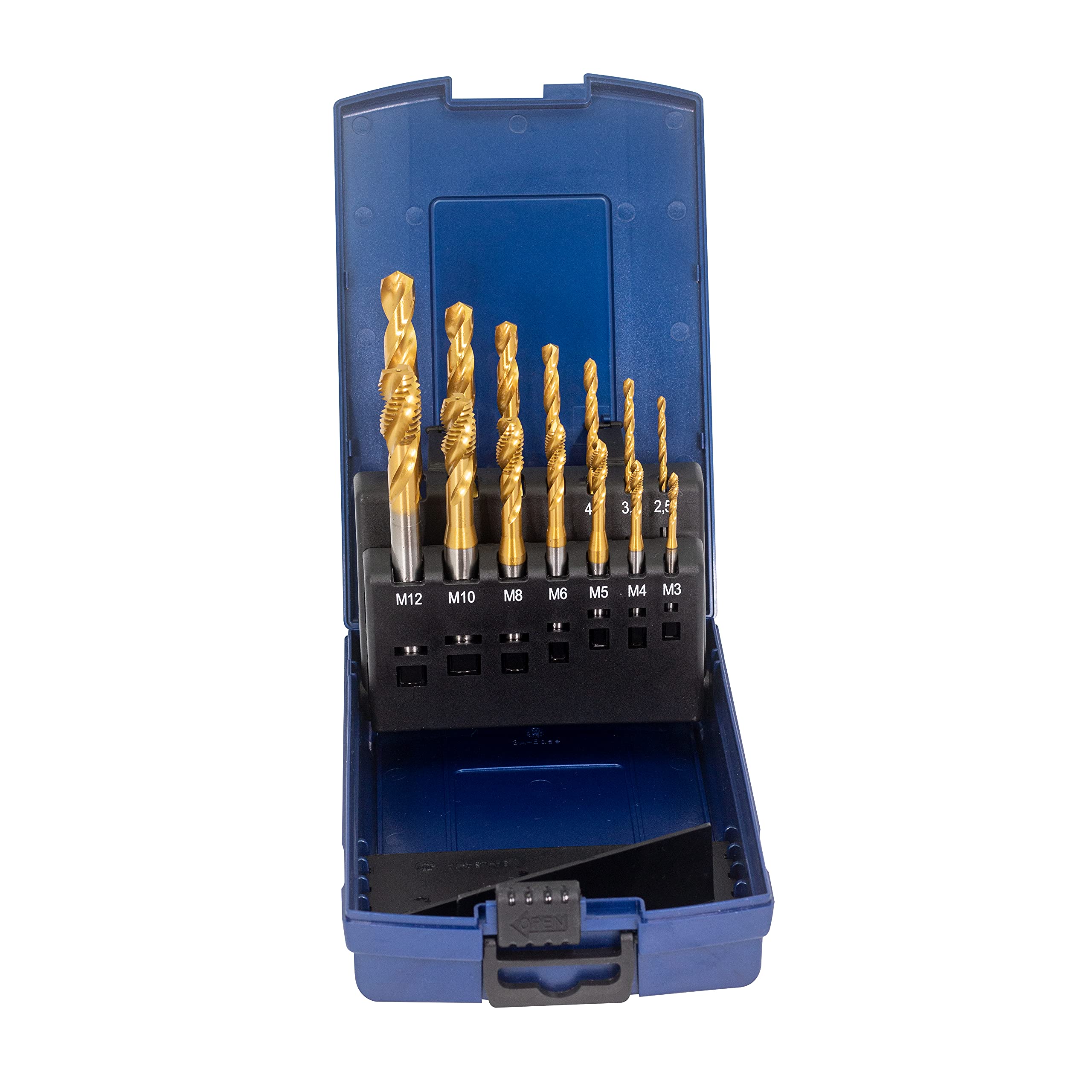 Lot de 14 tarauds pour machine à trou borgne M3, M4, M5, M6, M8, M10, M12 HSSE-Co5 dans une boîte en plastique TiN