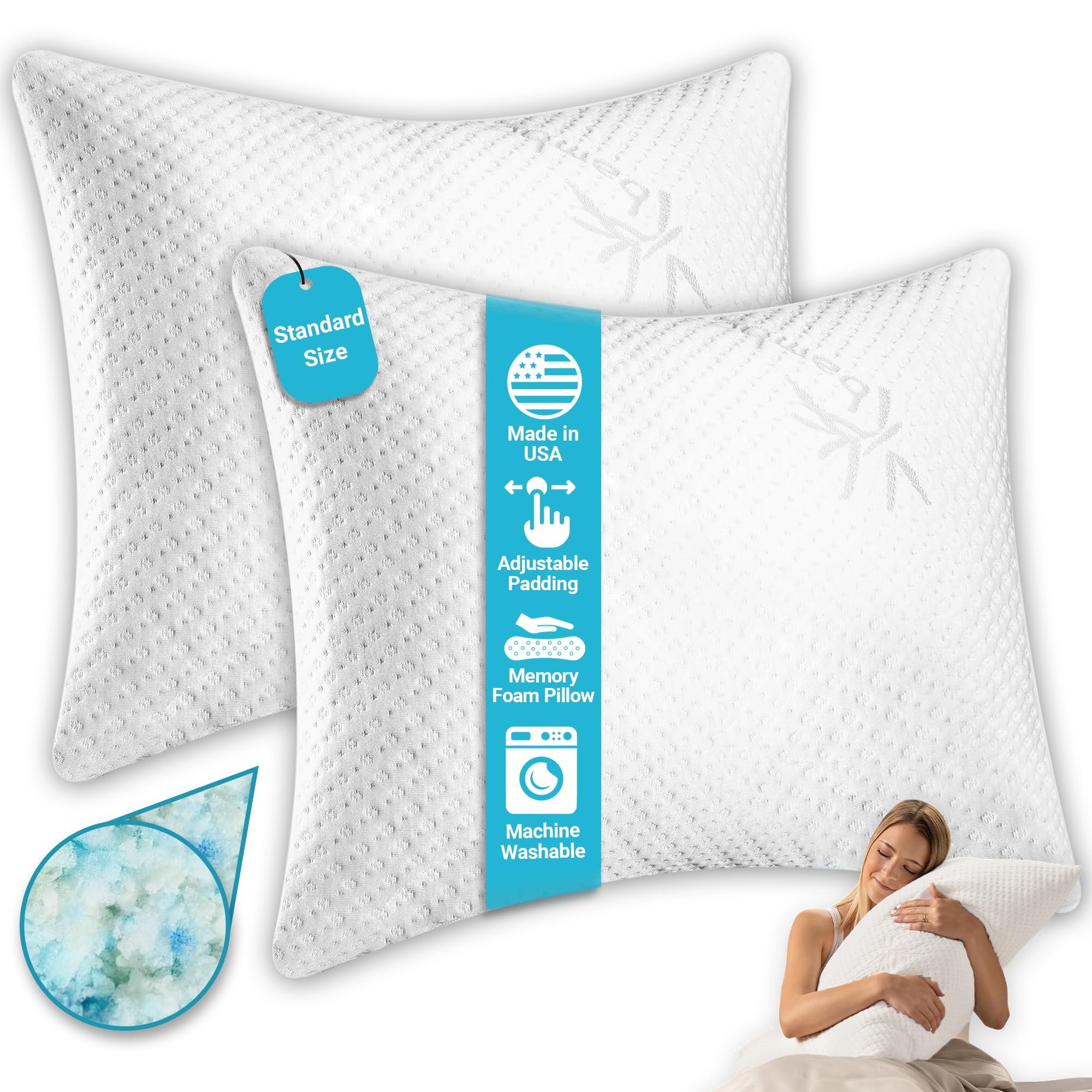 Xtreme Comforts Bed Pillows for Sleeping 2 Pack Adjustable Shredded Memory Foam Pillows with Removable Cooling Cover Fluffy