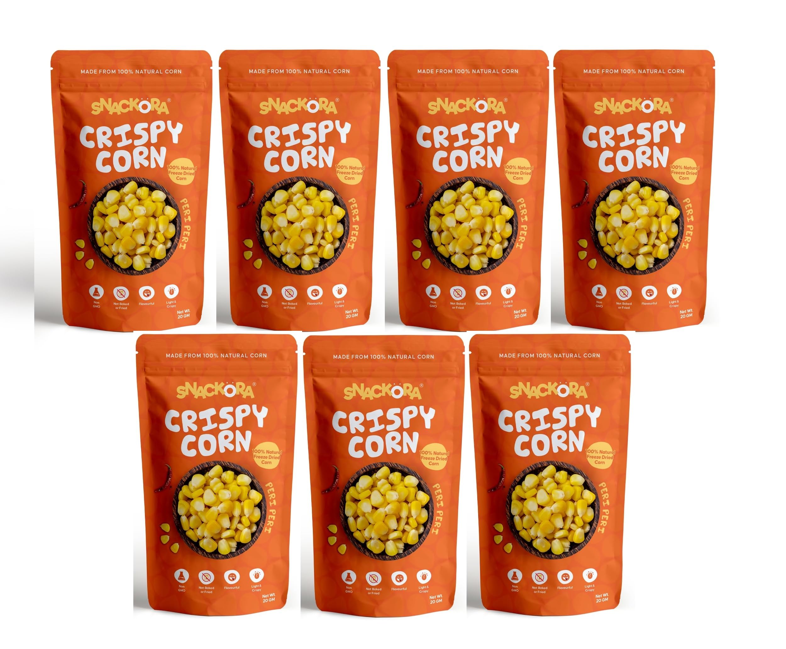 SNACKORA Freeze Dried Crispy Corn 20g Not Baked or Fried | No GMO |No Preservatives | Healthy Snacks | High Protein | Source of Fiber | Gluten-Free | Low Fat | 100% Natural Light & Crispy Corn (Pack of 7, Peri Peri)-image-14